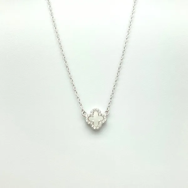 Mini Mother of Pearl Quatrafoil Necklace in Silver