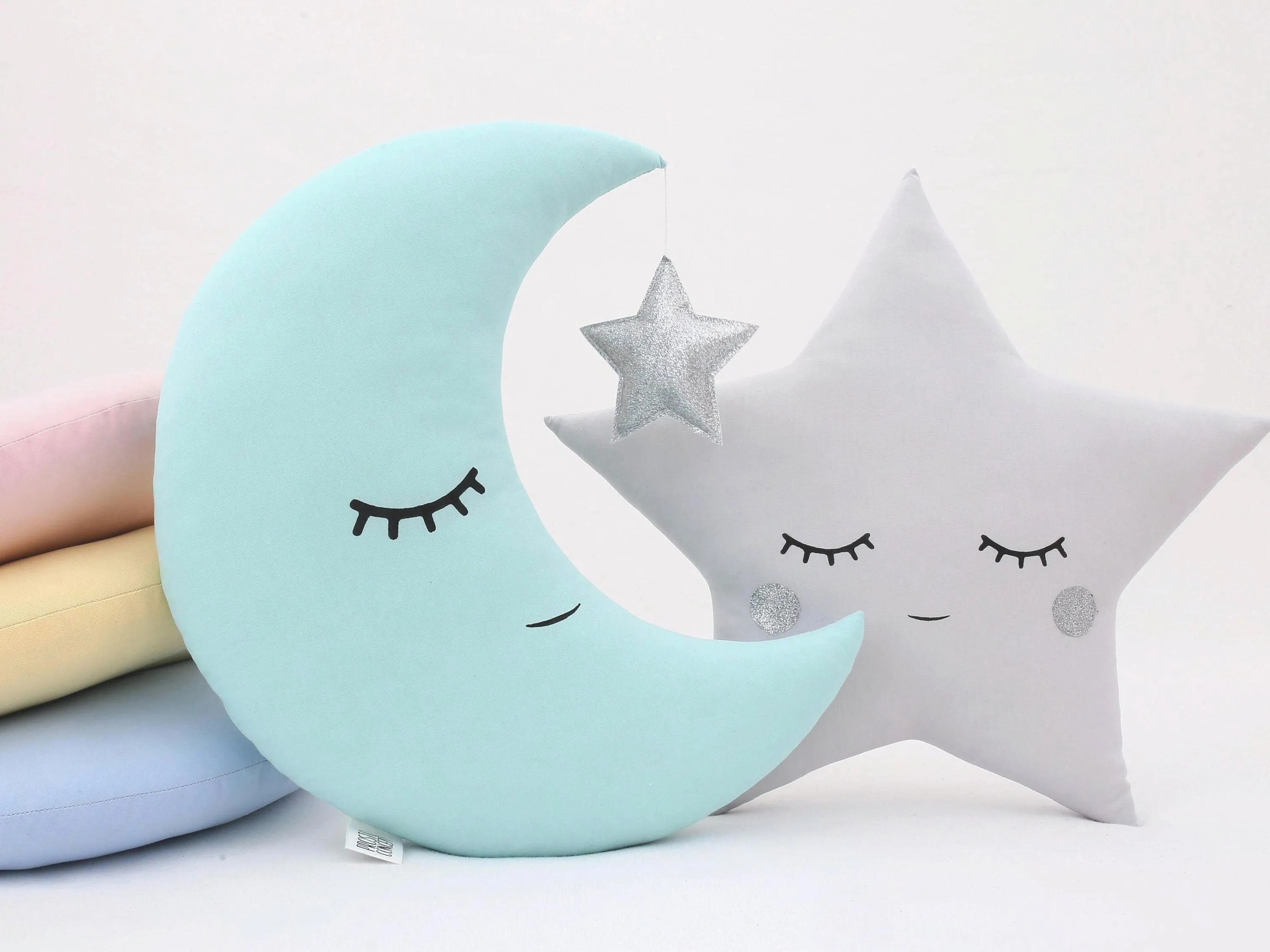 Mint Crescent Moon Pillow with Crown or Star