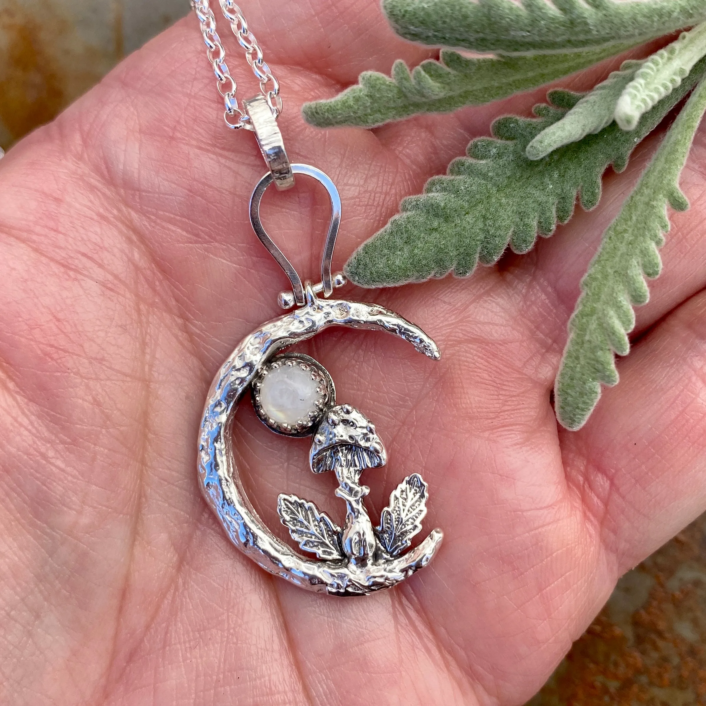 Moon Scape ~Mushroom and Moonstone under the Moon sterling silver necklace