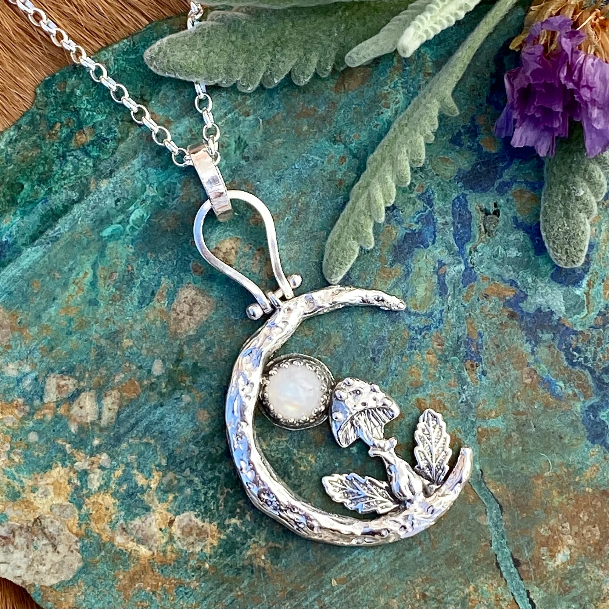 Moon Scape ~Mushroom and Moonstone under the Moon sterling silver necklace