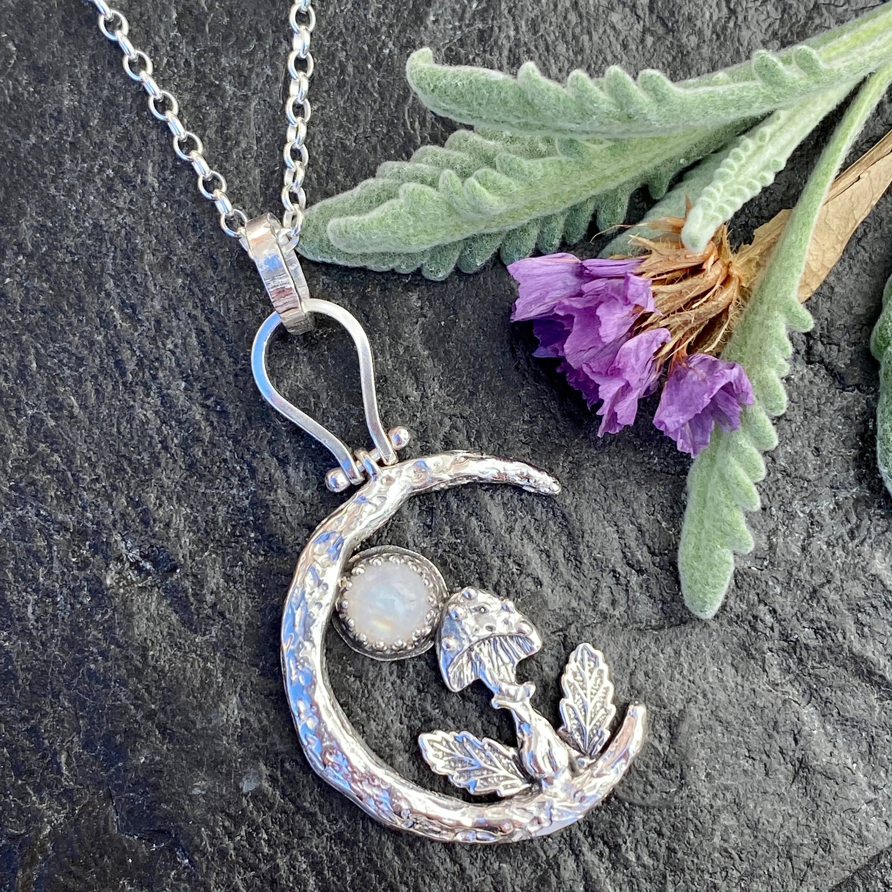 Moon Scape ~Mushroom and Moonstone under the Moon sterling silver necklace