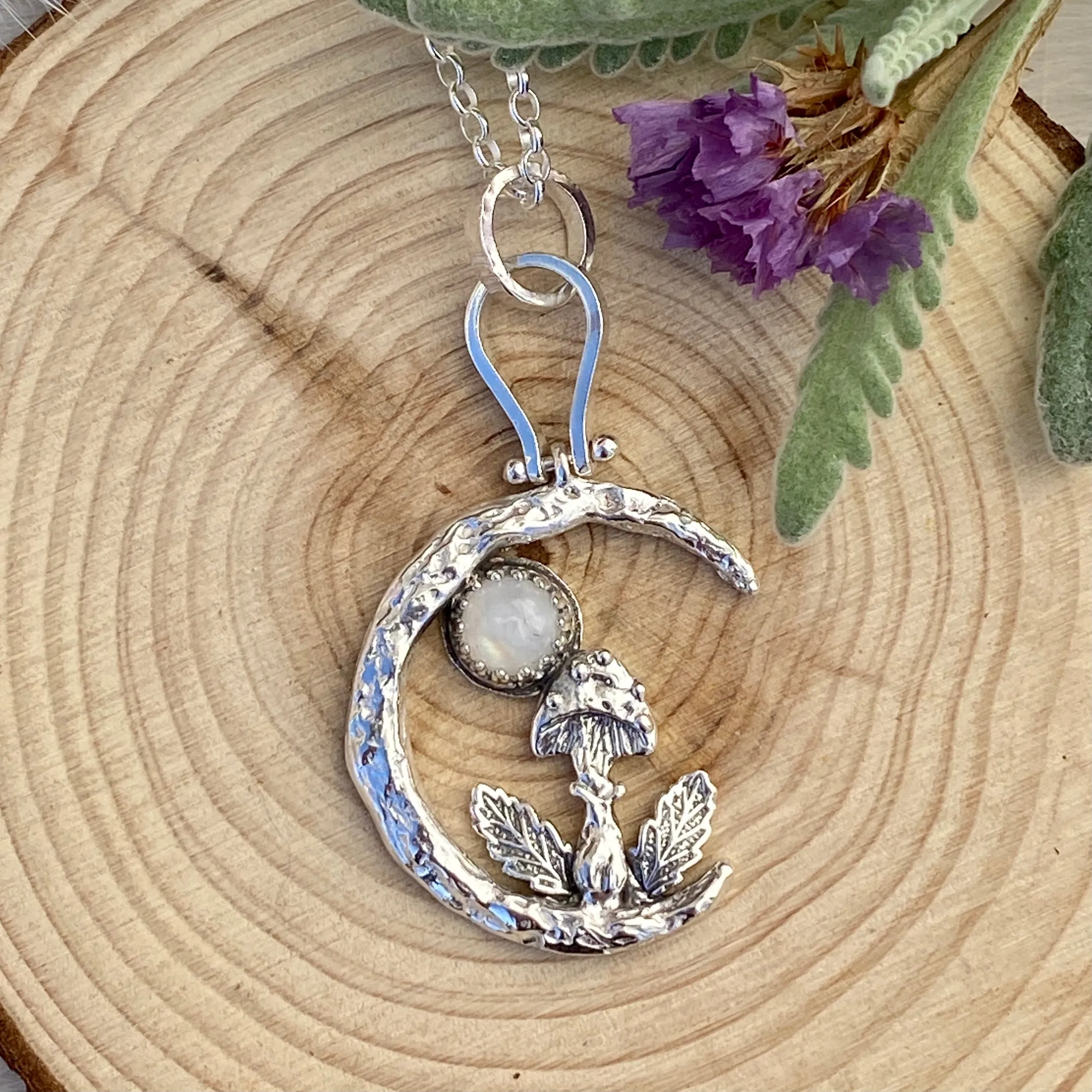 Moon Scape ~Mushroom and Moonstone under the Moon sterling silver necklace