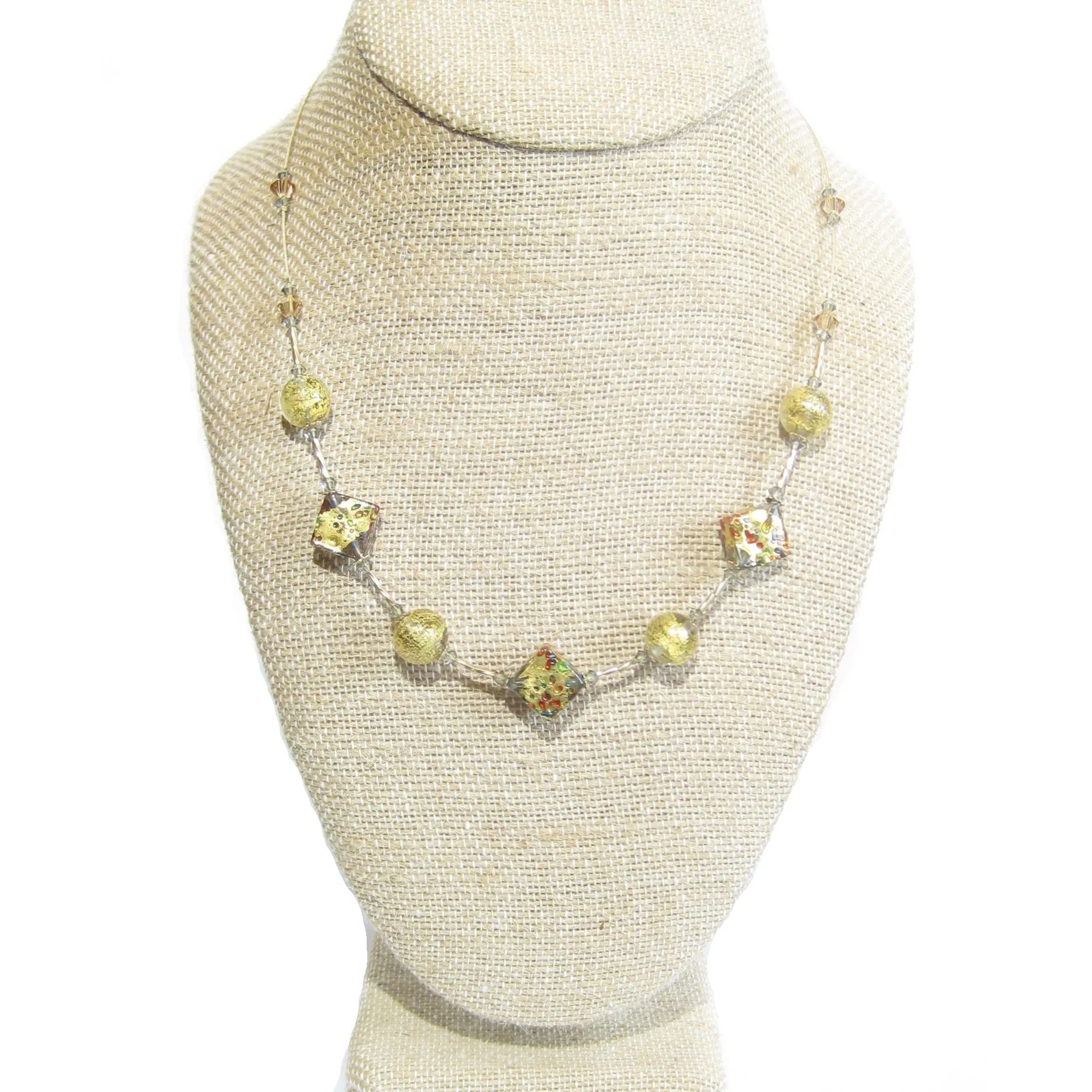 Murano Glass Colorful Diamond Gold Necklace