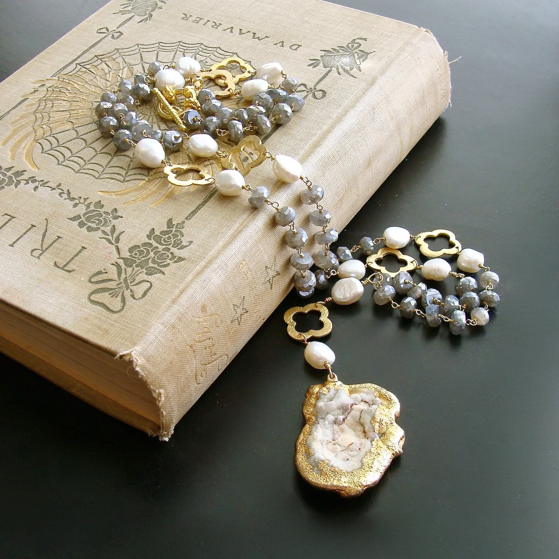 Mystic Labradorite Pearls Quatrefoils Chalcedony Rose Pendant Necklace - Cateline II Layering Necklace