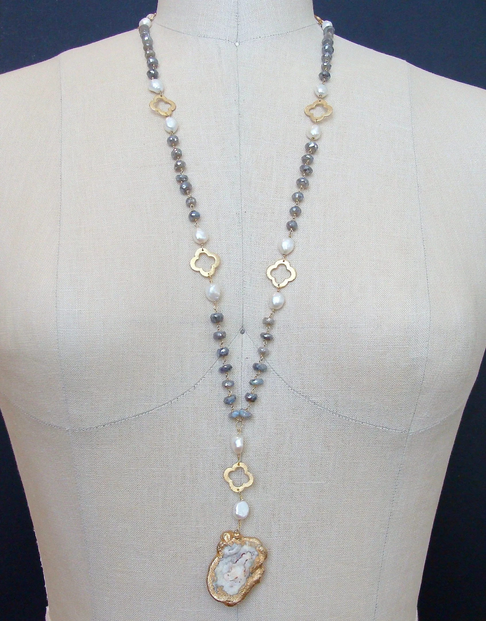 Mystic Labradorite Pearls Quatrefoils Chalcedony Rose Pendant Necklace - Cateline II Layering Necklace