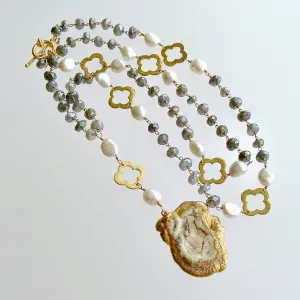 Mystic Labradorite Pearls Quatrefoils Chalcedony Rose Pendant Necklace - Cateline II Layering Necklace