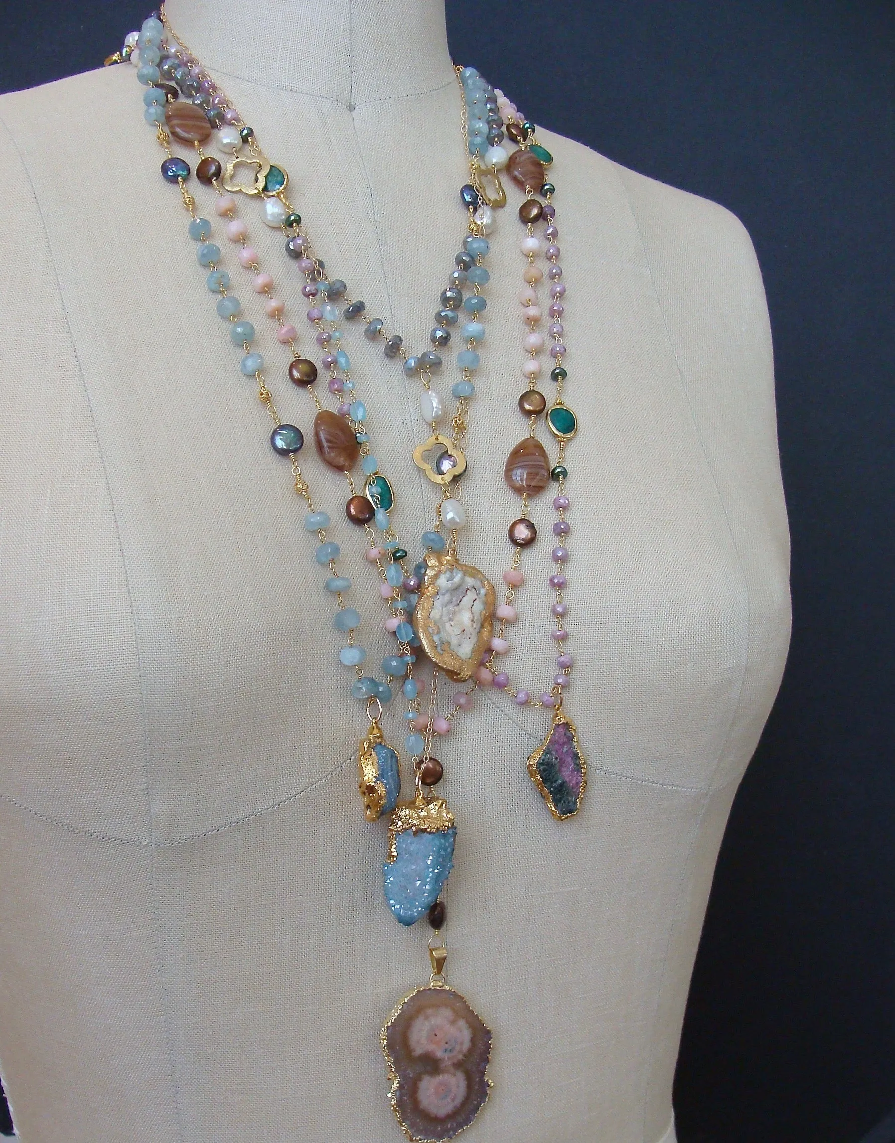 Mystic Labradorite Pearls Quatrefoils Chalcedony Rose Pendant Necklace - Cateline II Layering Necklace
