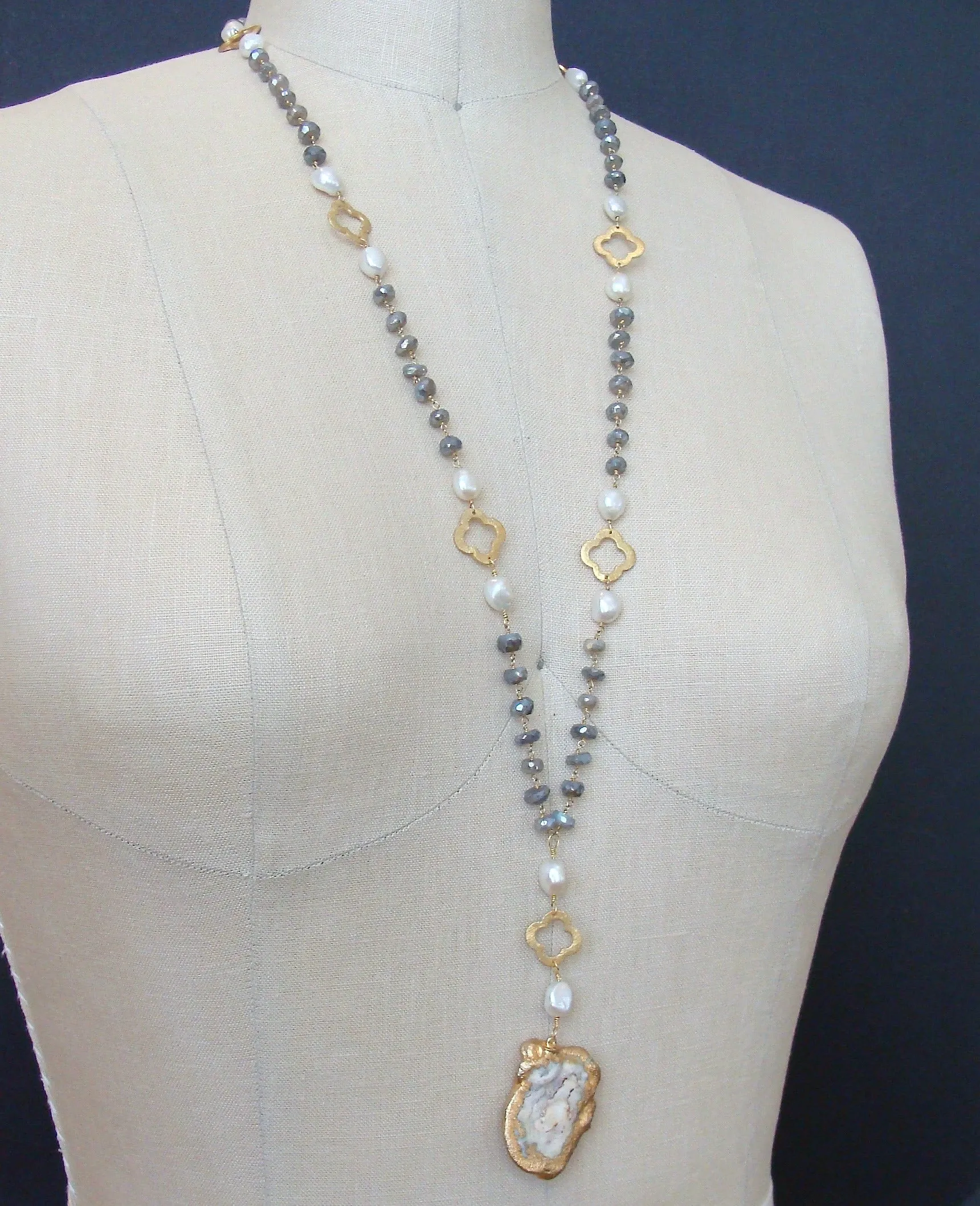 Mystic Labradorite Pearls Quatrefoils Chalcedony Rose Pendant Necklace - Cateline II Layering Necklace