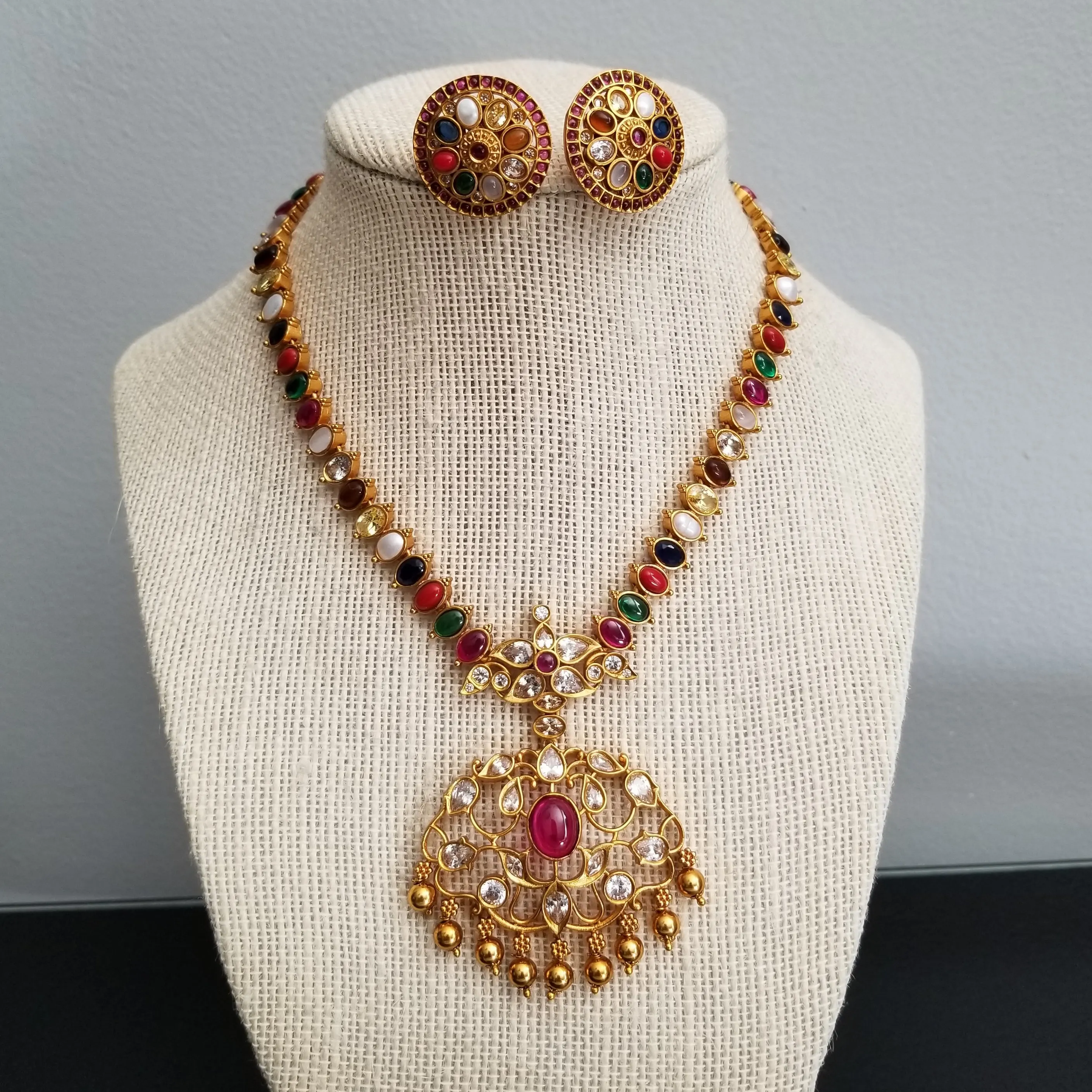 Navratna Necklace Set With Gold Finish FL26