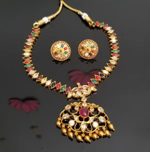 Navratna Necklace Set With Gold Finish FL26