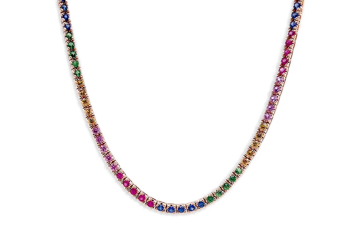 Necklace 18kt Gold Multicolor Sapphires & Tsavorites Tennis