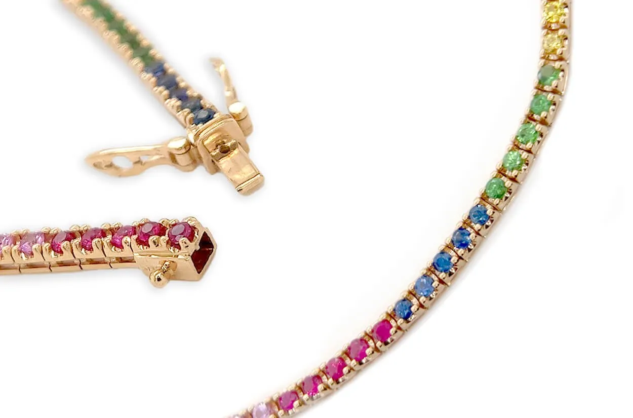 Necklace 18kt Gold Multicolor Sapphires & Tsavorites Tennis