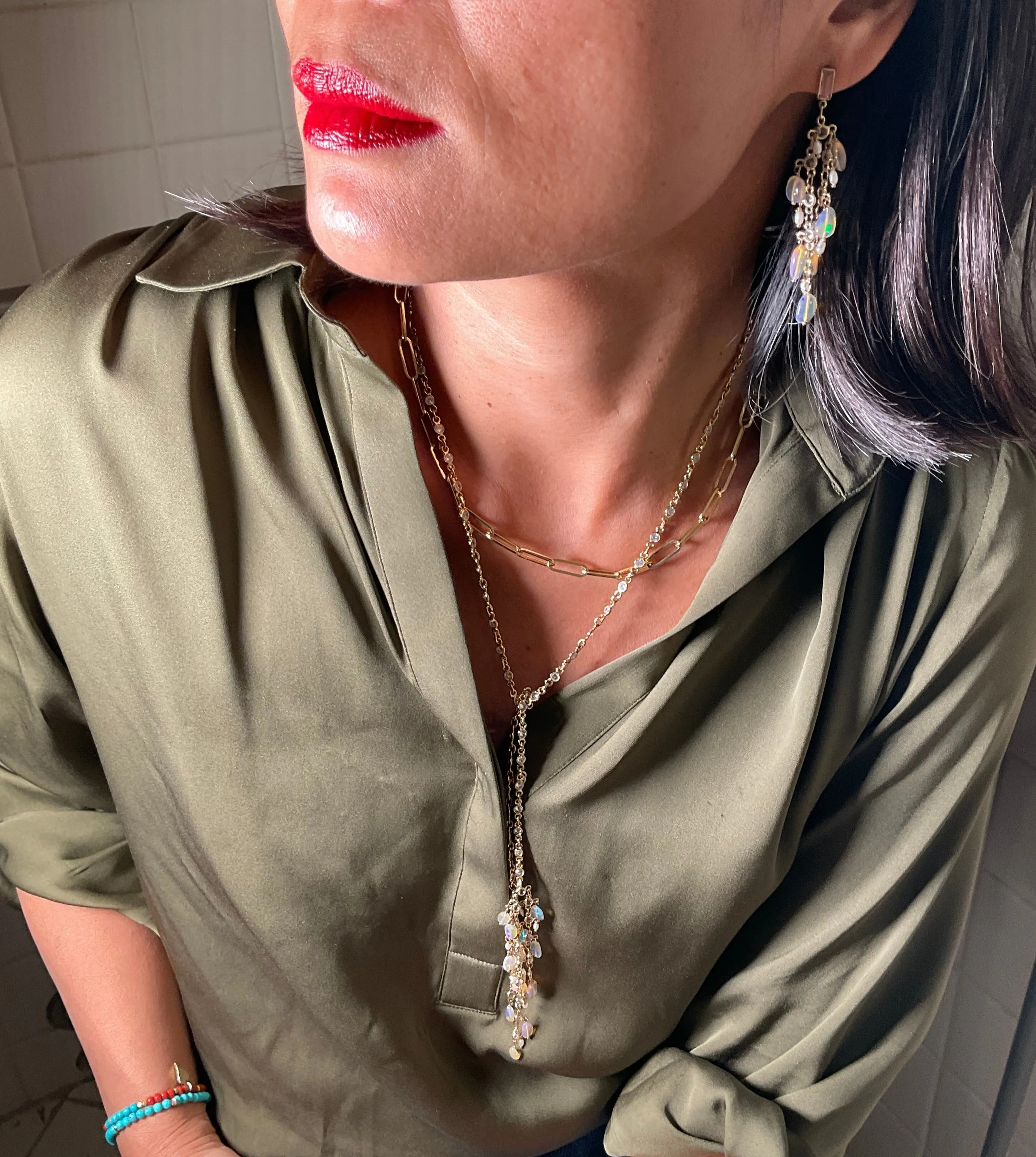 Opal And Pearl Cz Lariat Necklace