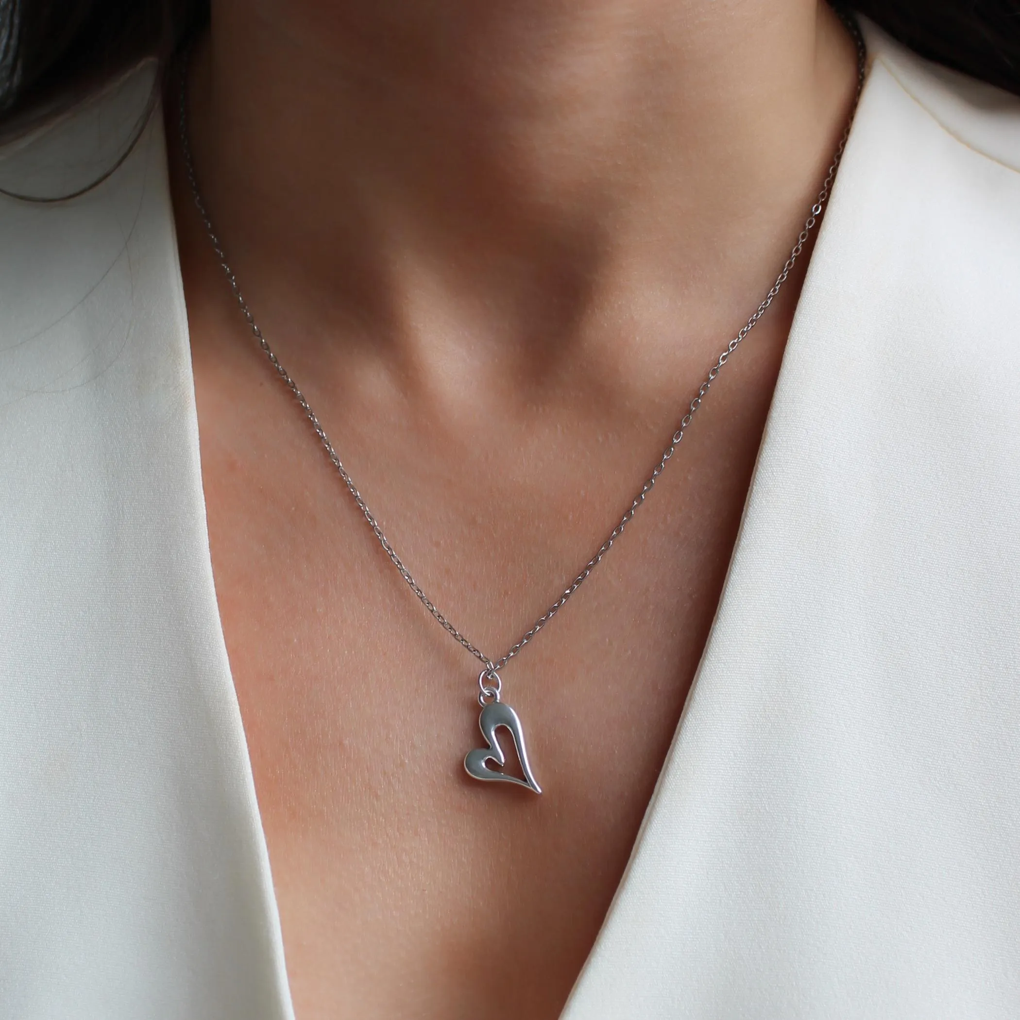 Open Curved Heart Fine Chain Necklace, Silver