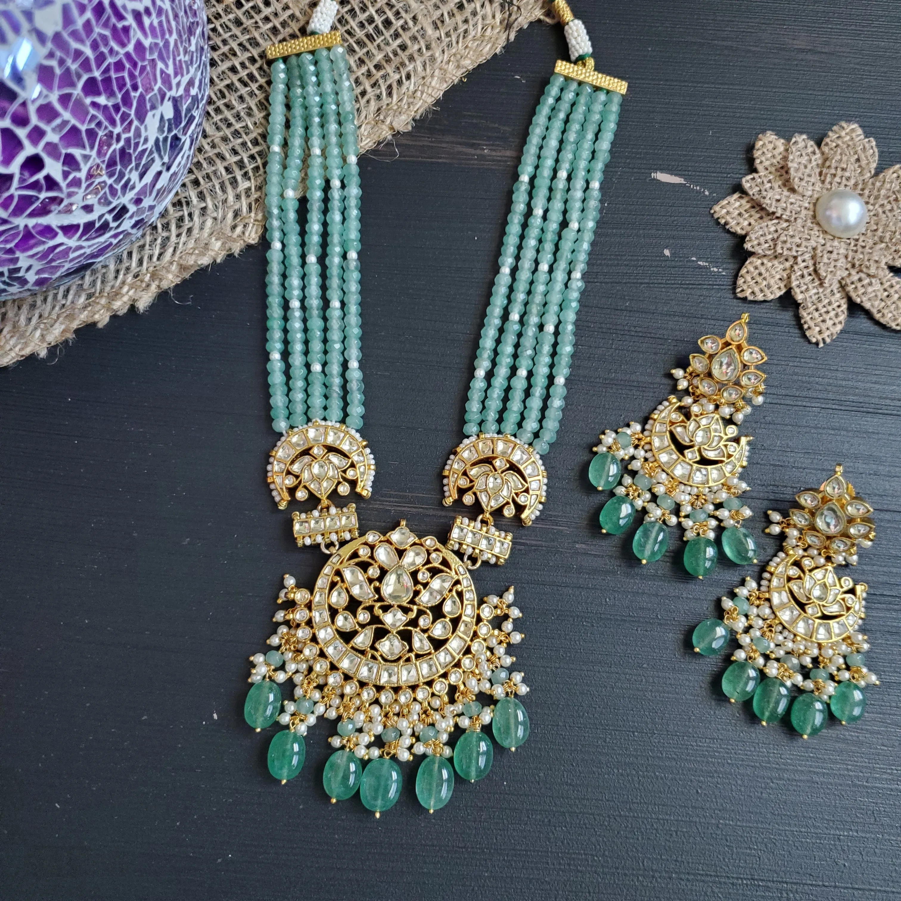 Pachi Kundan Jade Green Beads Maala Set With Gold Plating