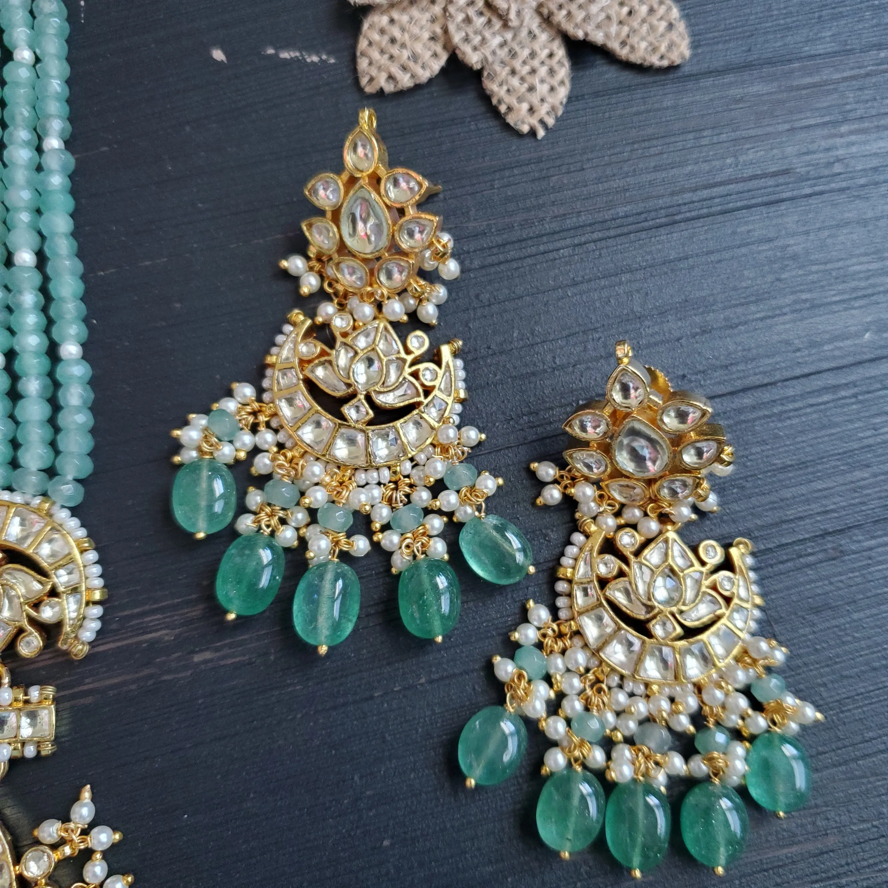 Pachi Kundan Jade Green Beads Maala Set With Gold Plating
