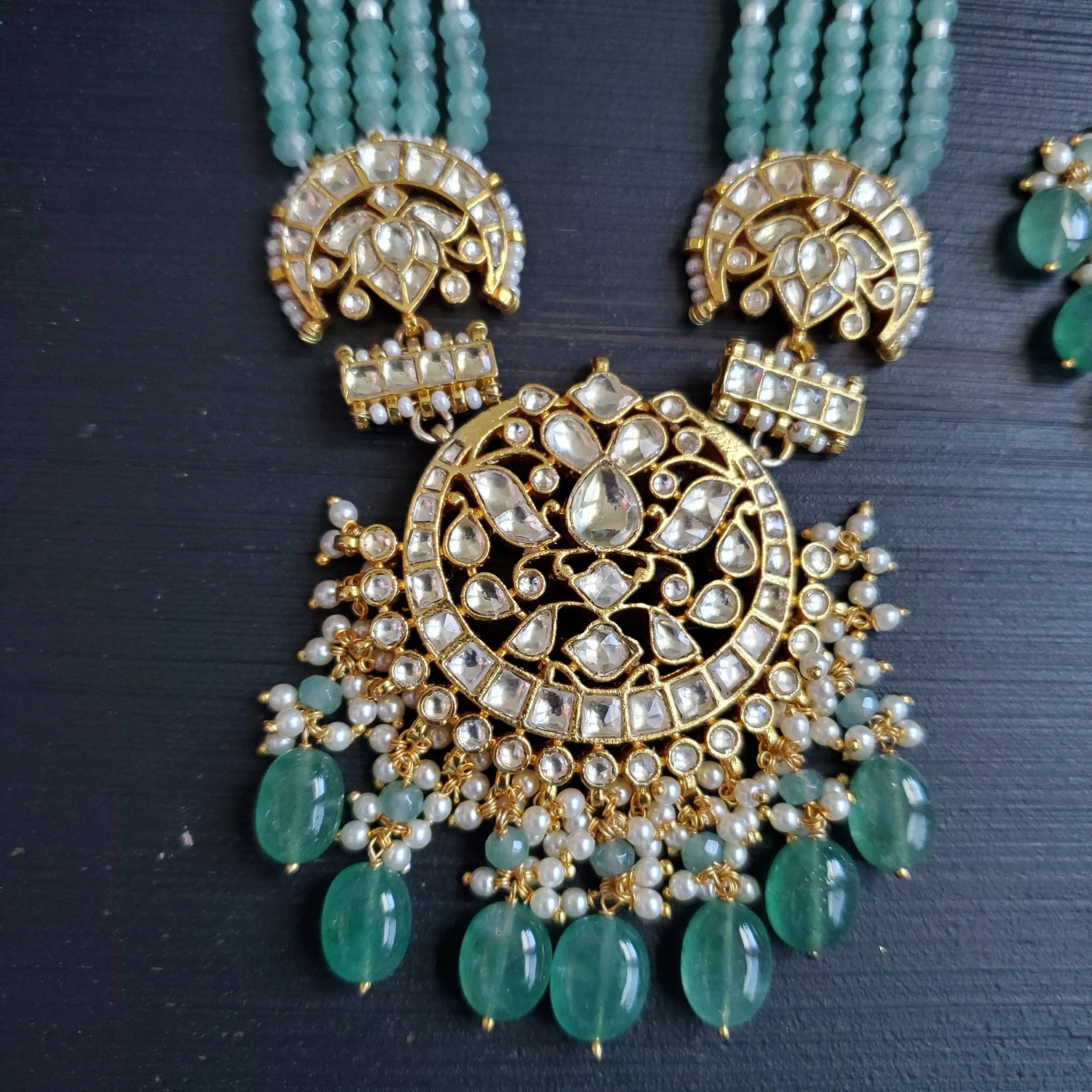 Pachi Kundan Jade Green Beads Maala Set With Gold Plating