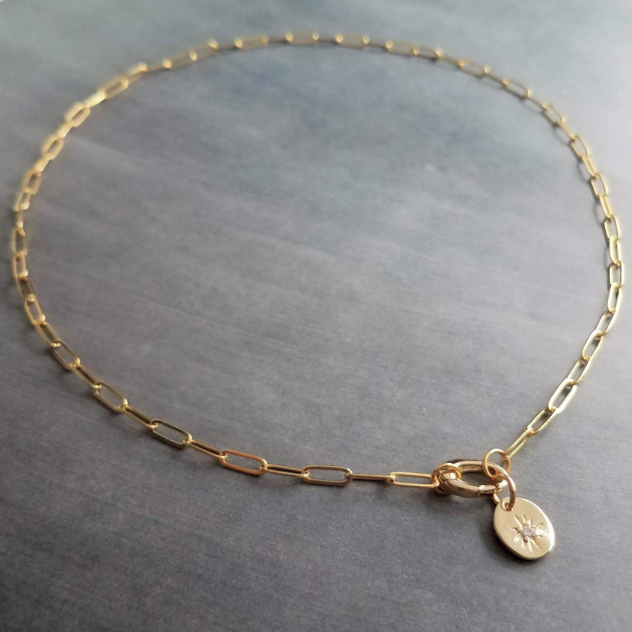 Paperclip Chain Necklace, gold oval link necklace, gold chunky necklace, front clasp necklace, large clasp necklace, oval CZ star pendant