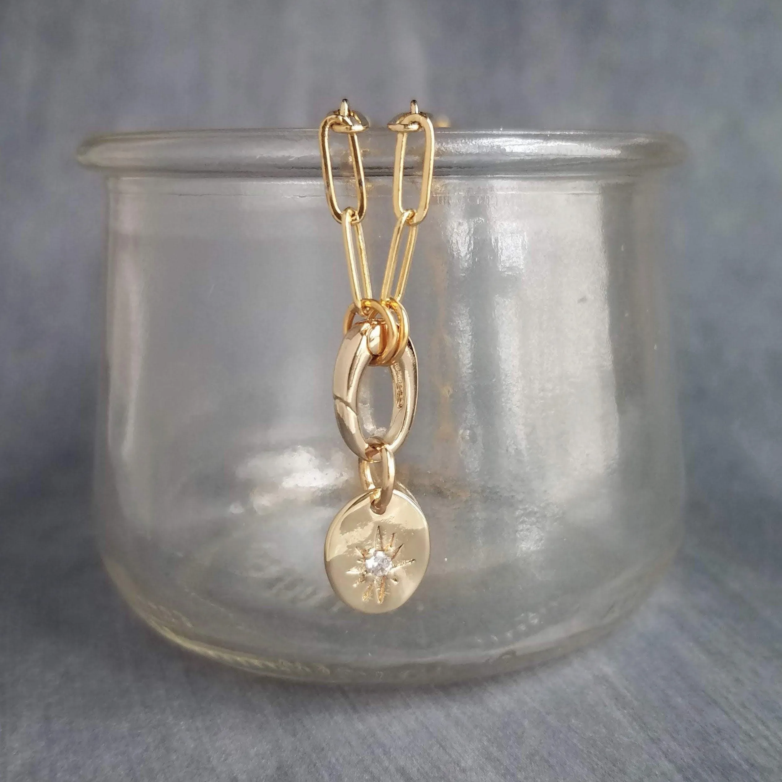 Paperclip Chain Necklace, gold oval link necklace, gold chunky necklace, front clasp necklace, large clasp necklace, oval CZ star pendant
