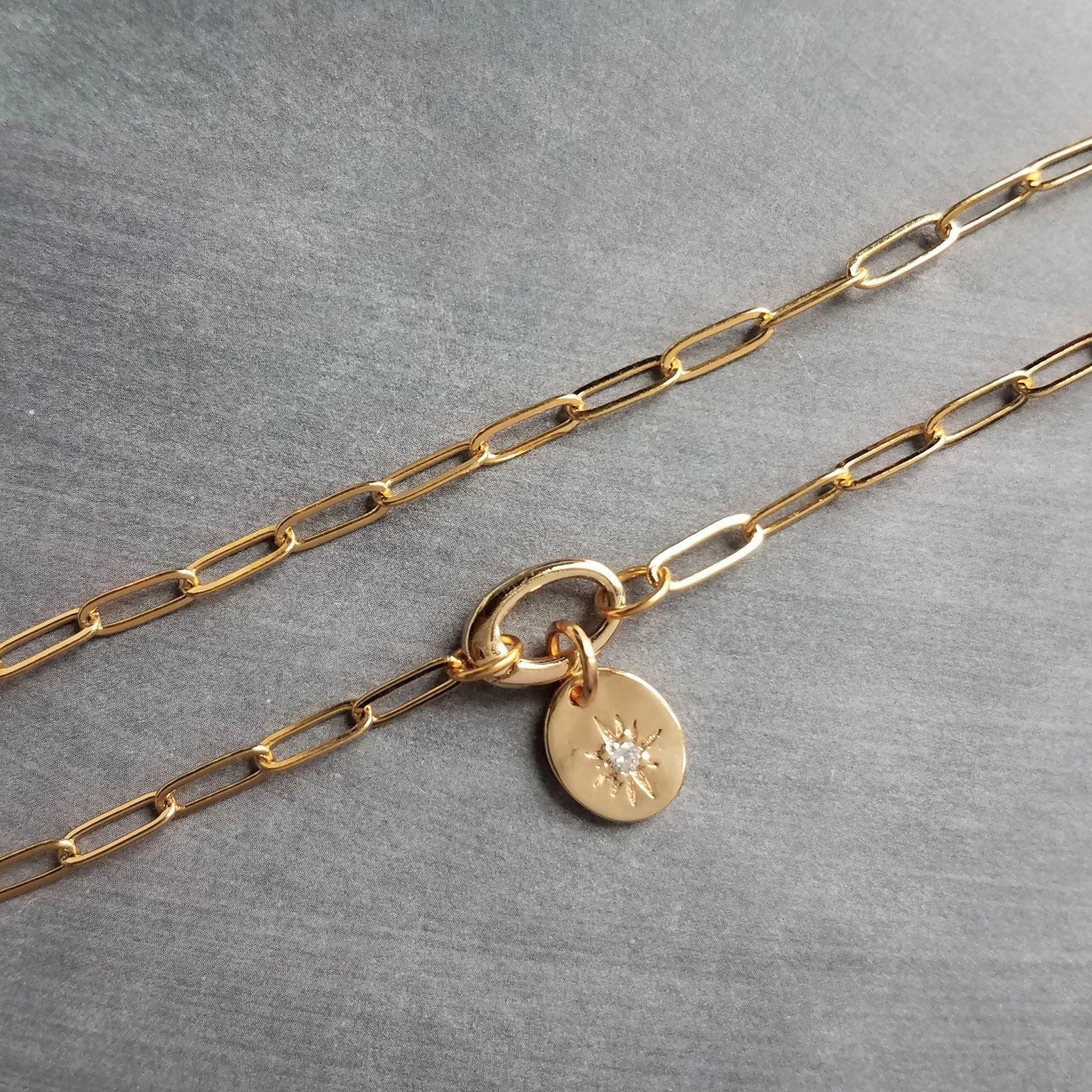 Paperclip Chain Necklace, gold oval link necklace, gold chunky necklace, front clasp necklace, large clasp necklace, oval CZ star pendant