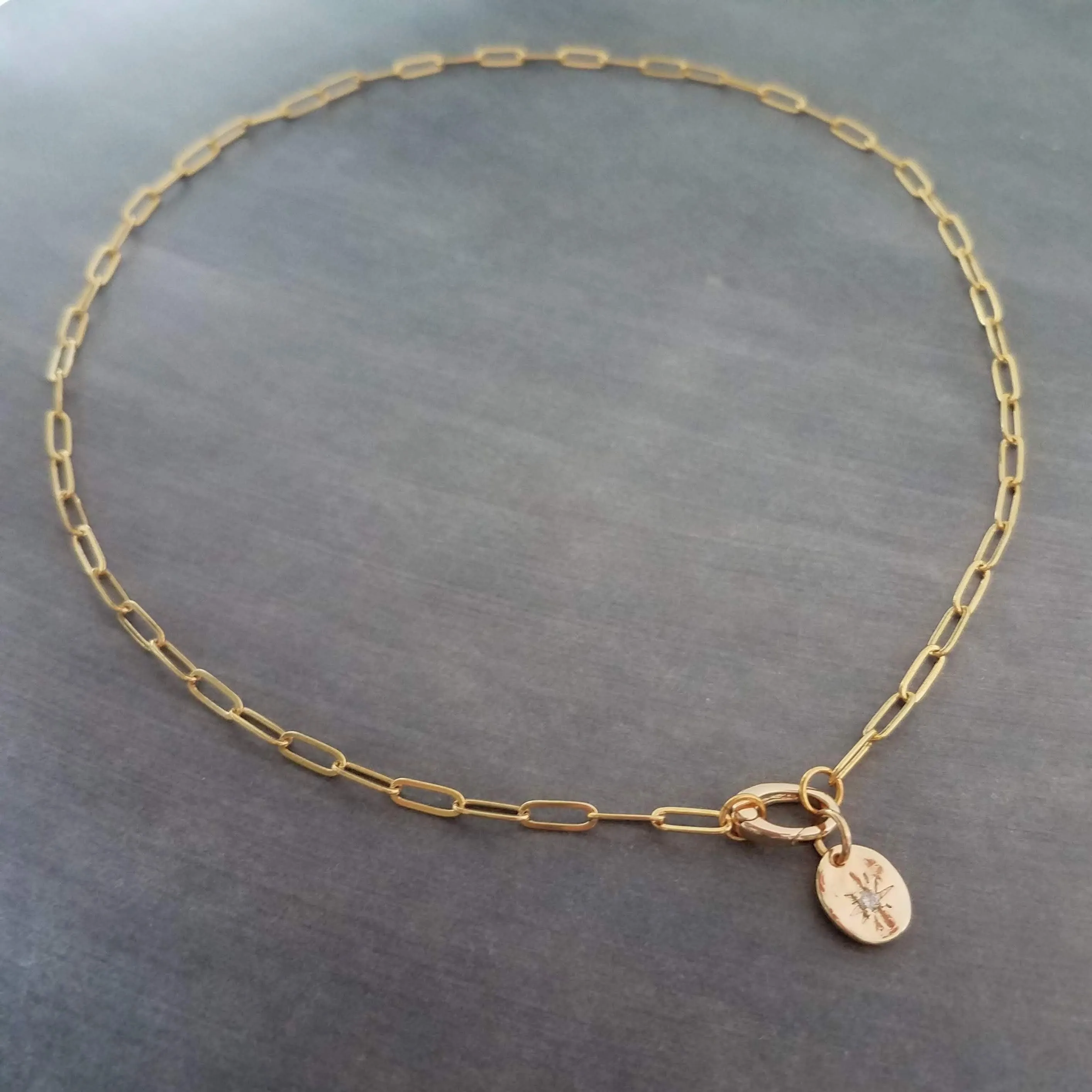 Paperclip Chain Necklace, gold oval link necklace, gold chunky necklace, front clasp necklace, large clasp necklace, oval CZ star pendant