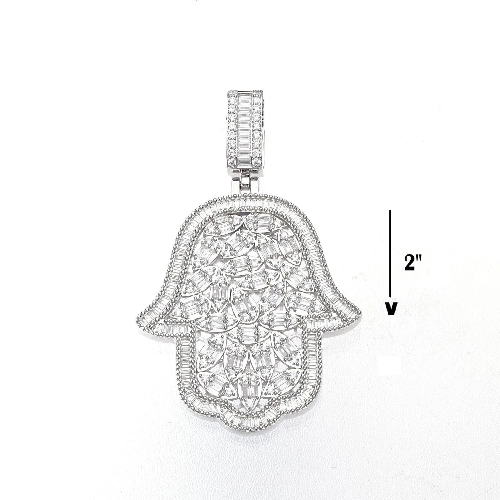 Pear Design Cubic Zirconia Evil Eyes Hamsa Hand Iced Out 2" Pendant Charm 925 Sterling Silver - C400049