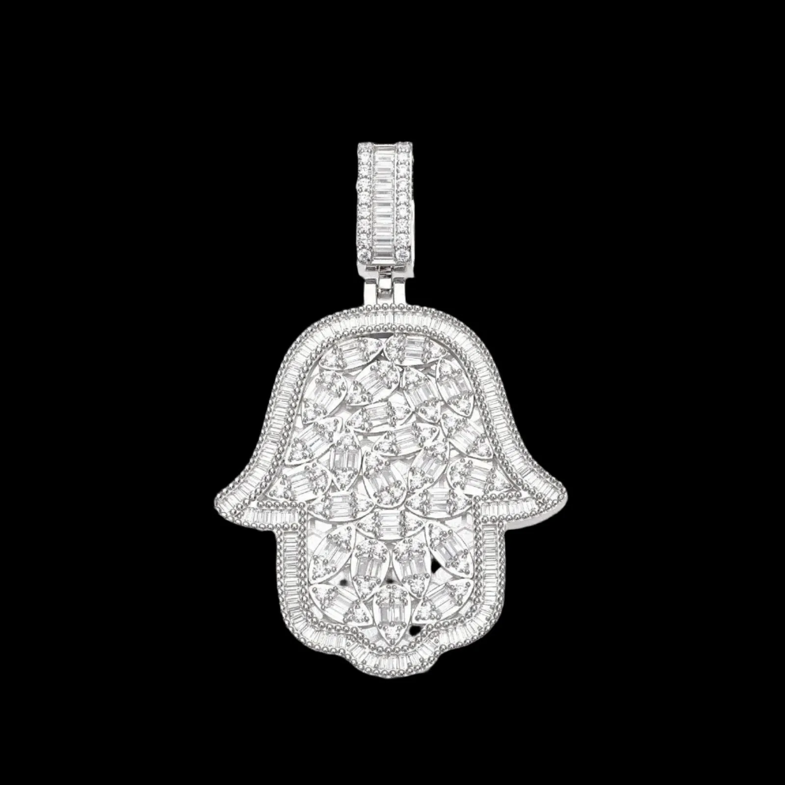 Pear Design Cubic Zirconia Evil Eyes Hamsa Hand Iced Out 2" Pendant Charm 925 Sterling Silver - C400049