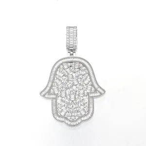 Pear Design Cubic Zirconia Evil Eyes Hamsa Hand Iced Out 2" Pendant Charm 925 Sterling Silver - C400049
