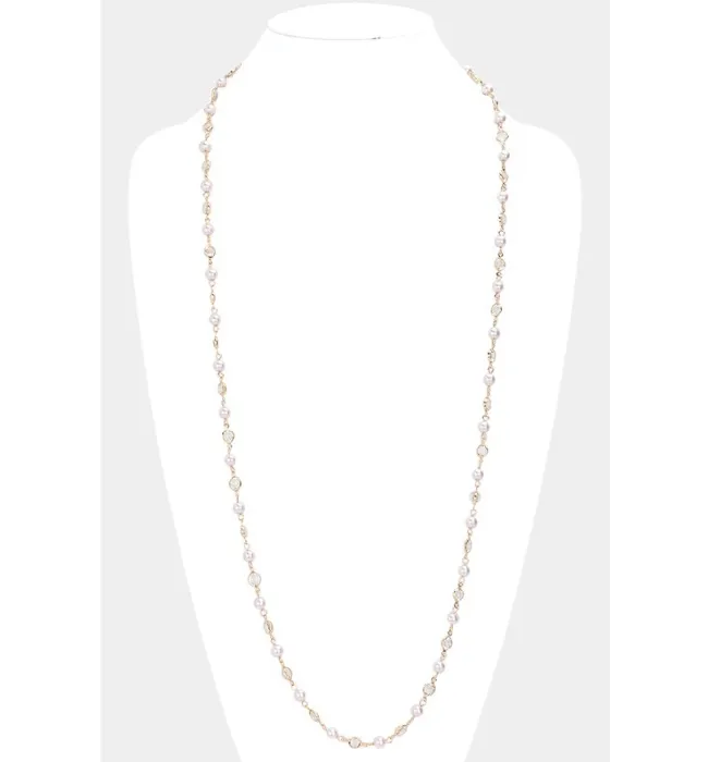 Pearl Clear Bezel Station Long Necklace