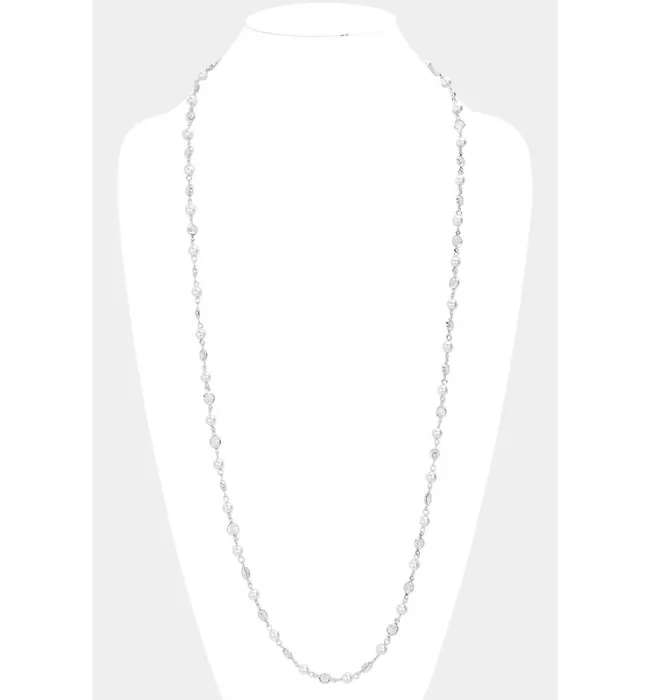 Pearl Clear Bezel Station Long Necklace