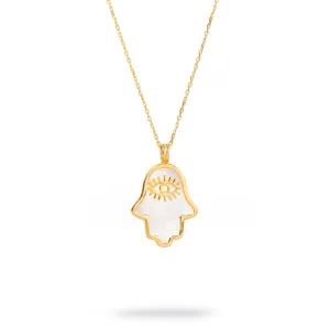Pearl Divine Hamsa & Evil Eye Pendant Gold Vermeil Chain Necklace