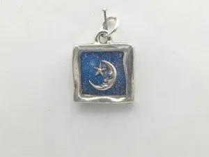 Pewter with night sky print & sterling silver crescent moon pendant-resin, star