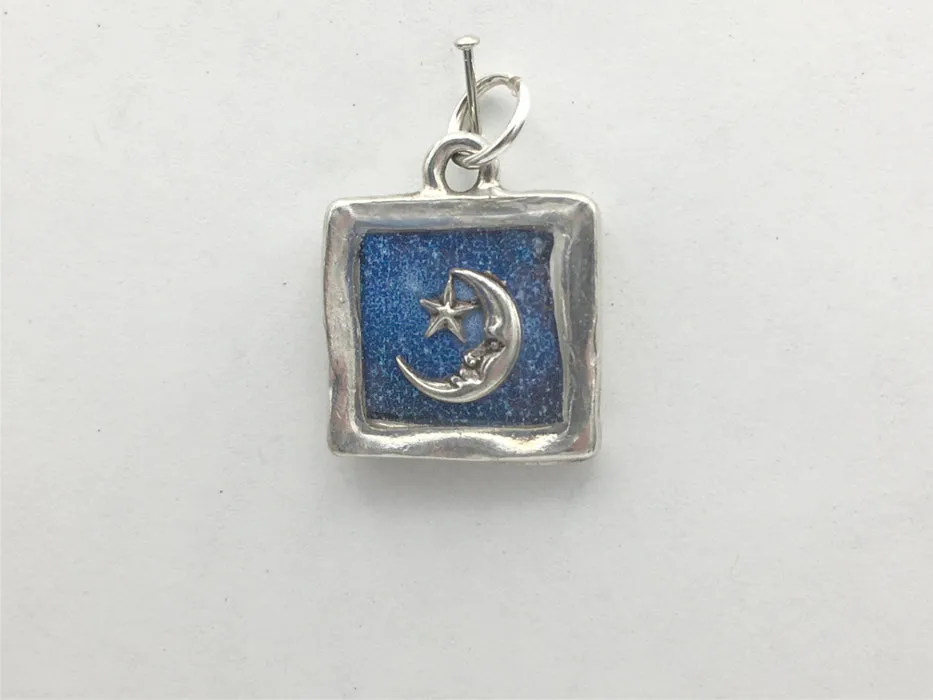 Pewter with night sky print & sterling silver crescent moon pendant-resin, star