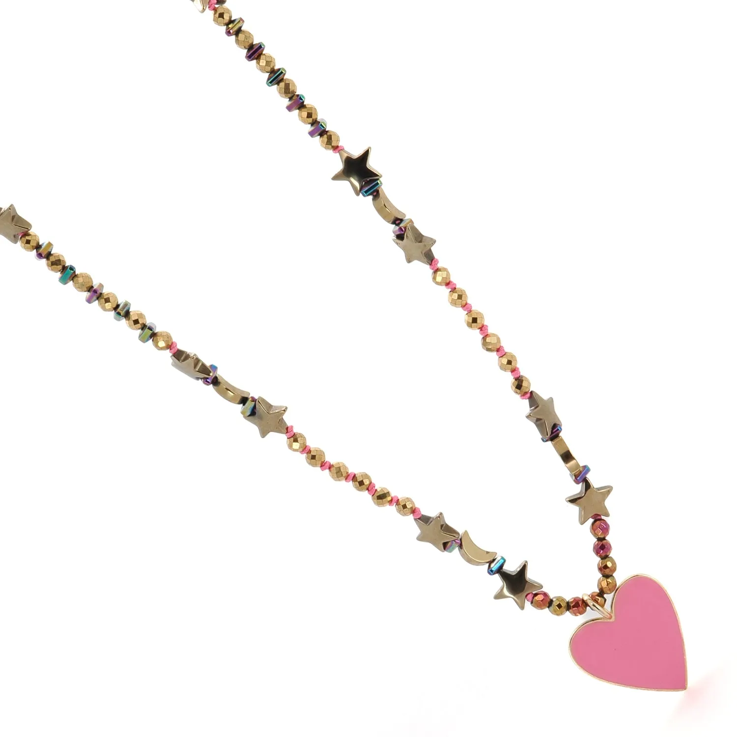 Pink Heart Pendant Gold Heart & Star and Moon Beaded Necklace