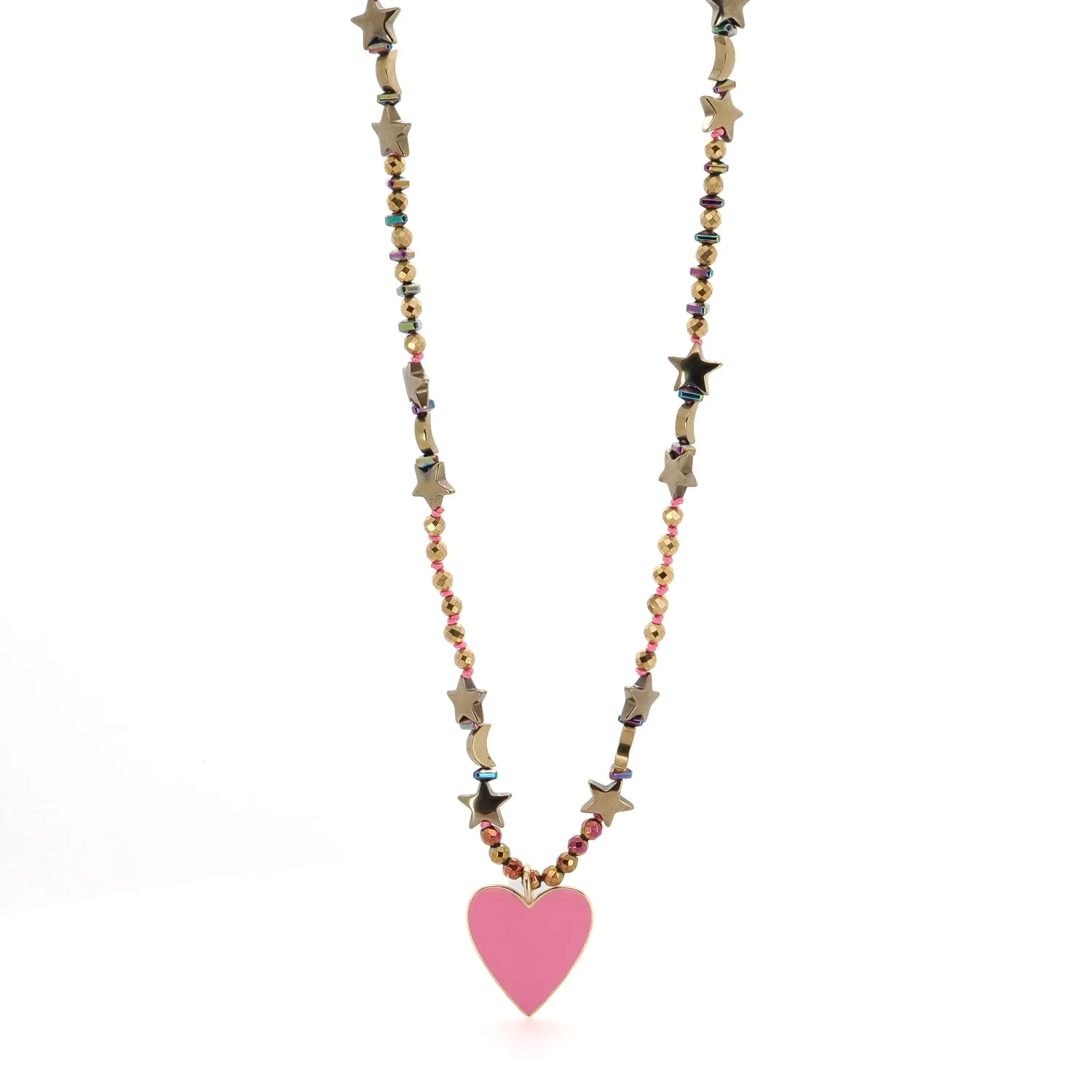 Pink Heart Pendant Gold Heart & Star and Moon Beaded Necklace