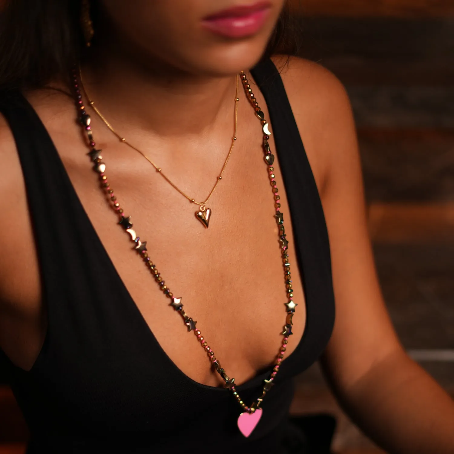 Pink Heart Pendant Gold Heart & Star and Moon Beaded Necklace