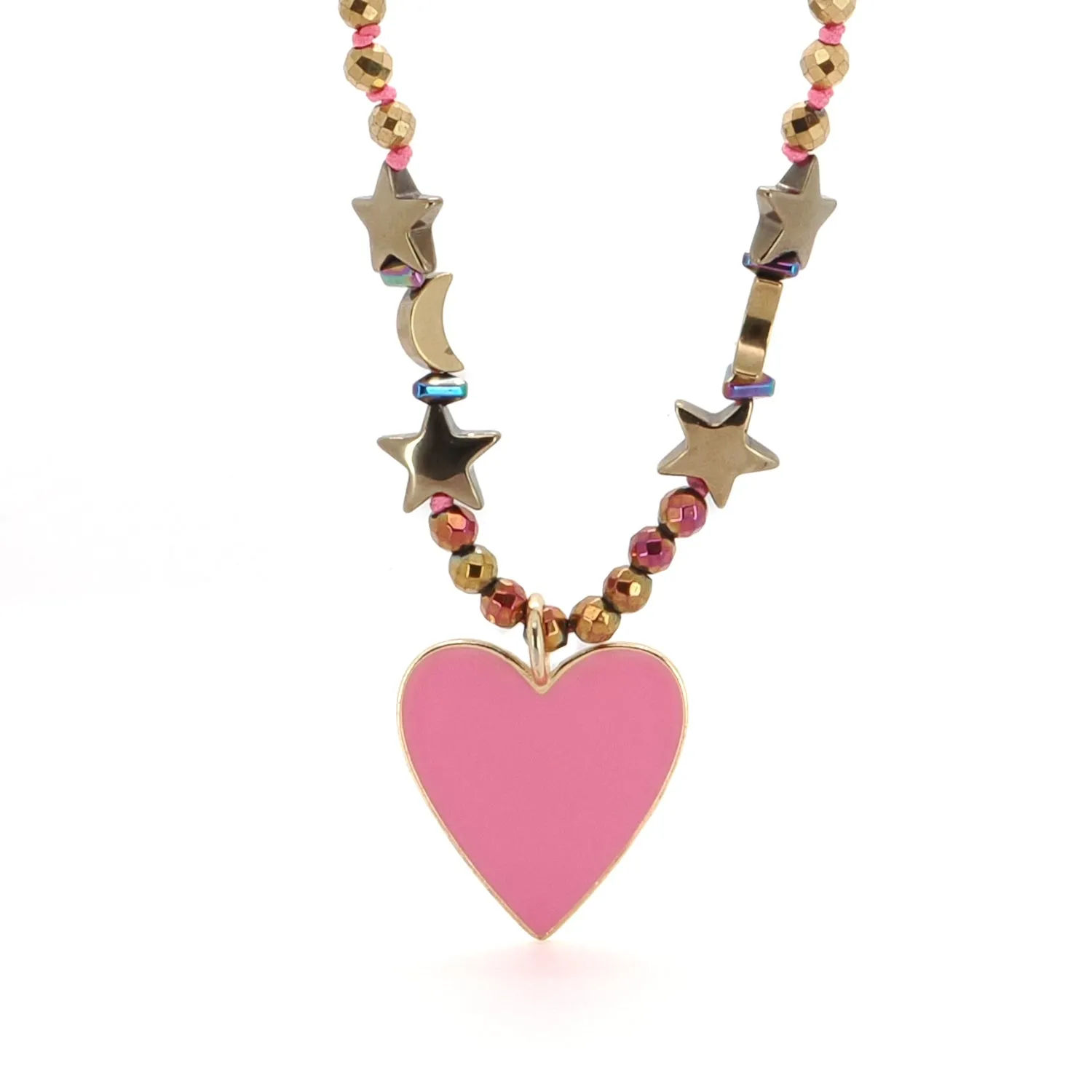 Pink Heart Pendant Gold Heart & Star and Moon Beaded Necklace