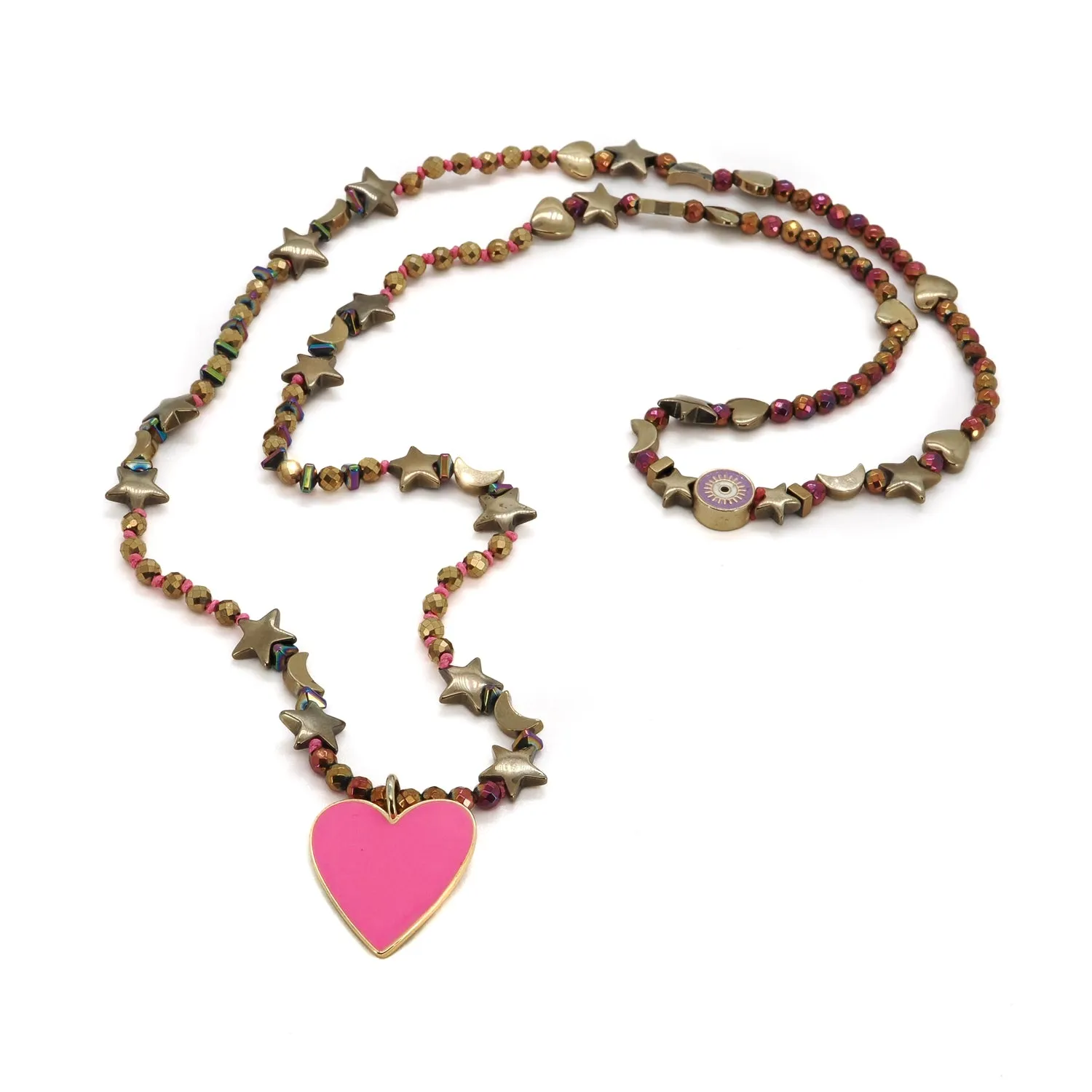 Pink Heart Pendant Gold Heart & Star and Moon Beaded Necklace