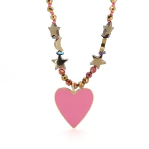 Pink Heart Pendant Gold Heart & Star and Moon Beaded Necklace