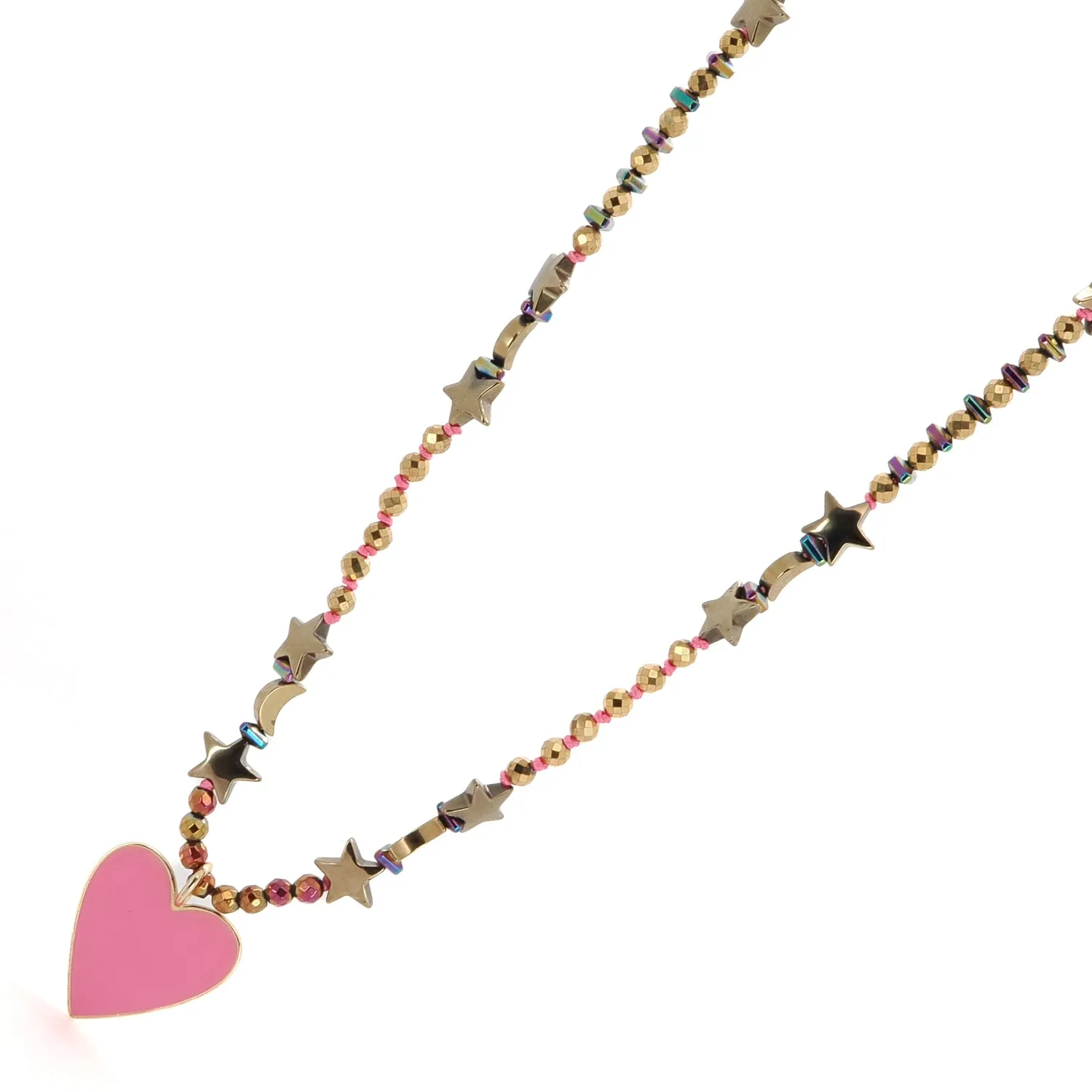 Pink Heart Pendant Gold Heart & Star and Moon Beaded Necklace