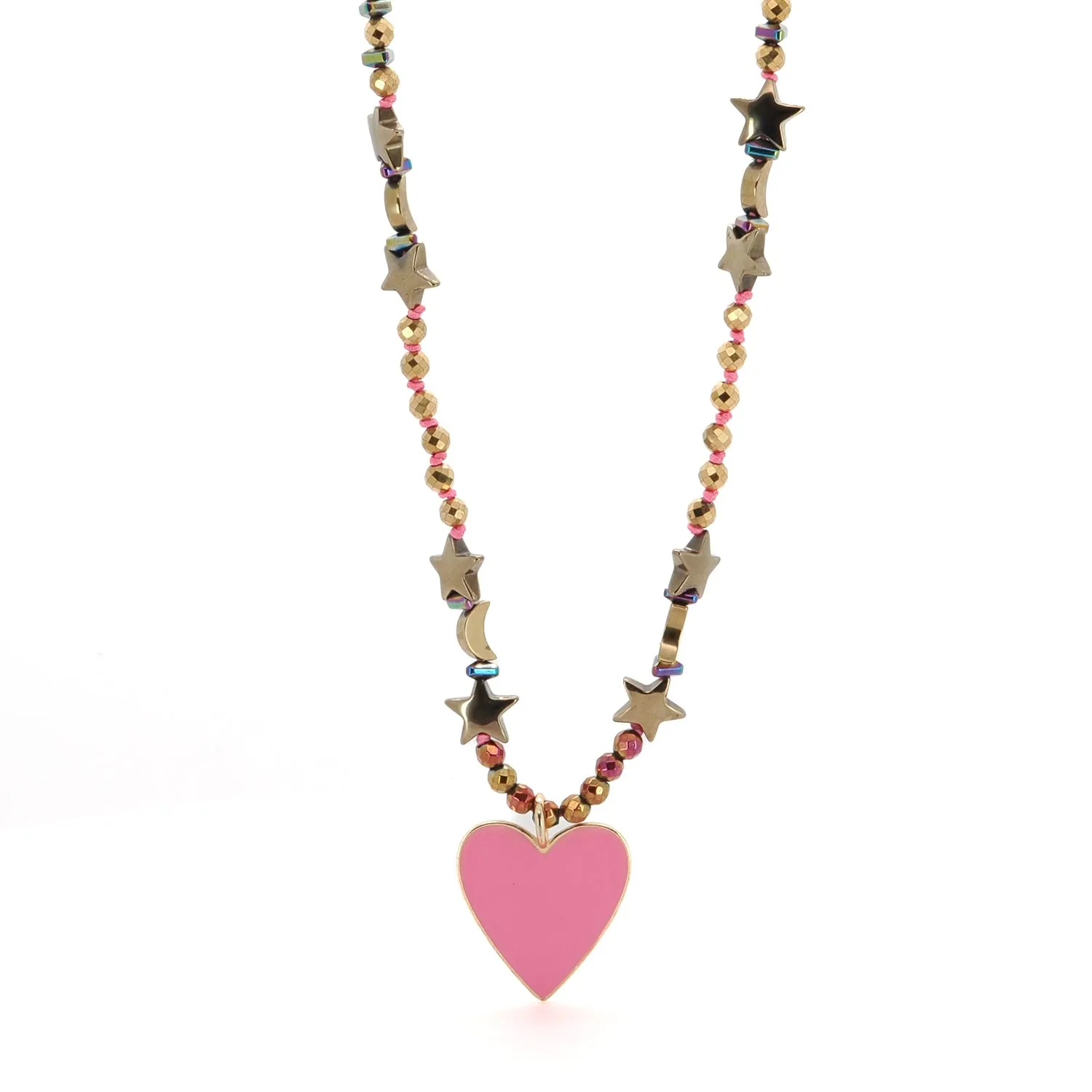 Pink Heart Pendant Gold Heart & Star and Moon Beaded Necklace