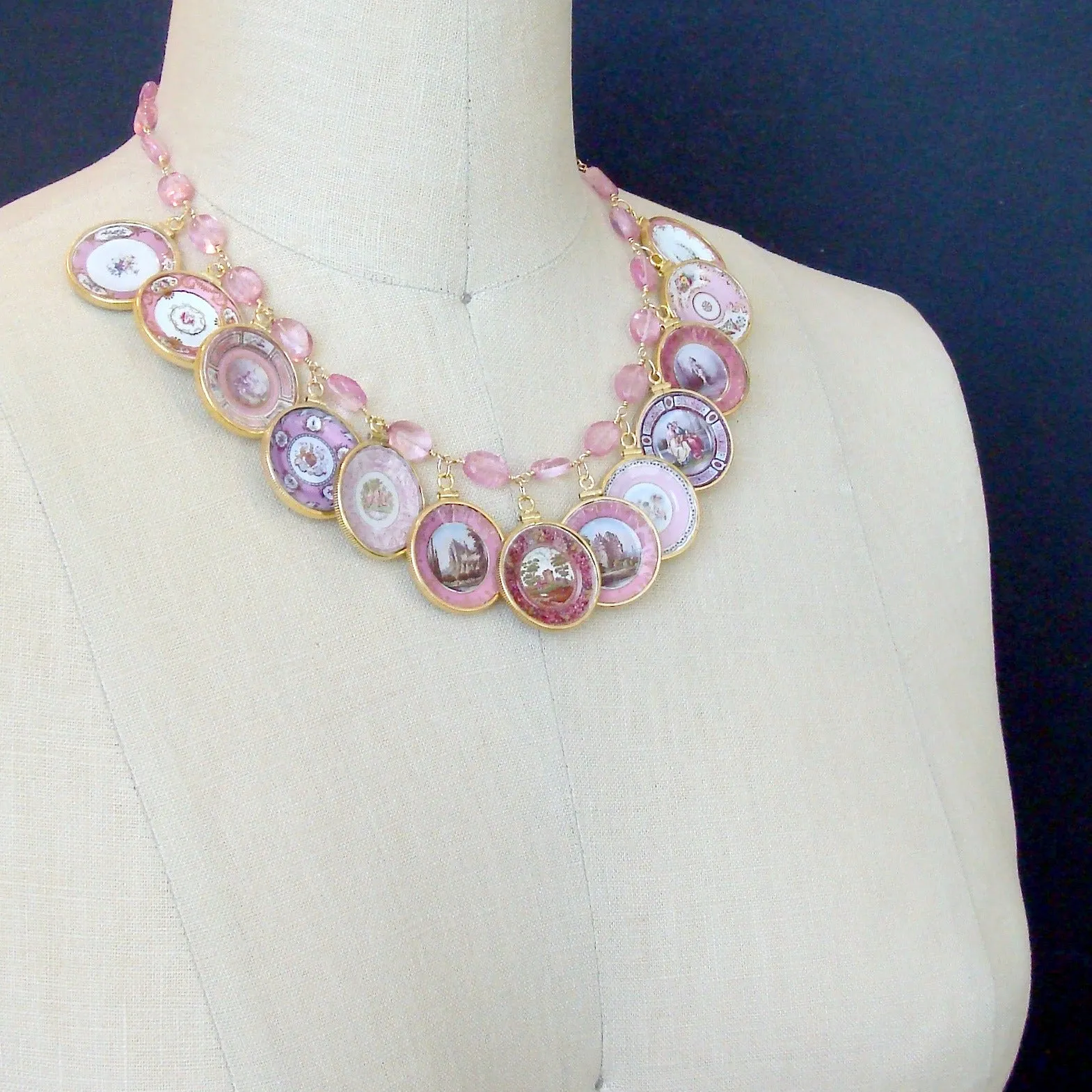 Pink Quartz Miniature Plates Charm Necklace - China Doll Pink Necklace