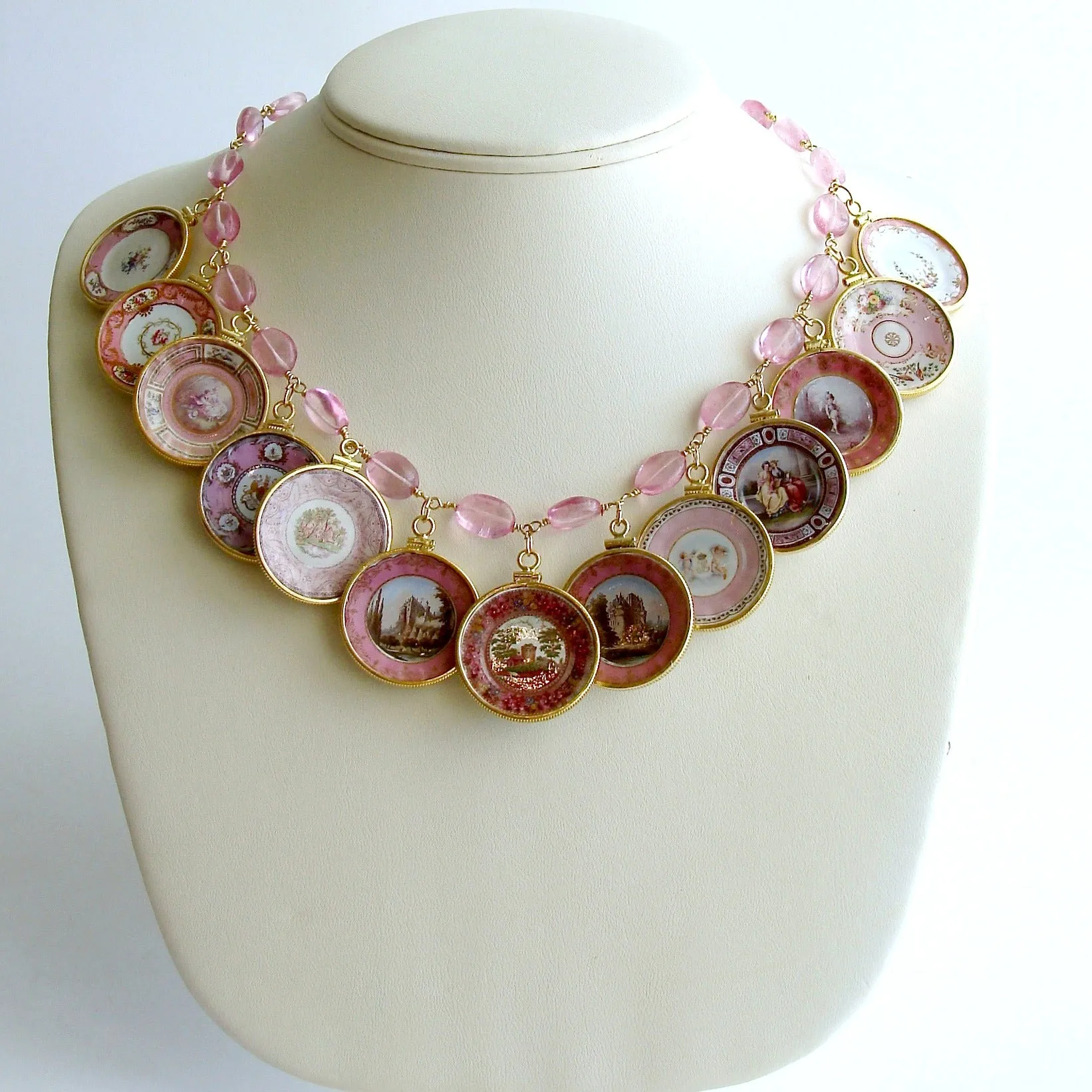 Pink Quartz Miniature Plates Charm Necklace - China Doll Pink Necklace