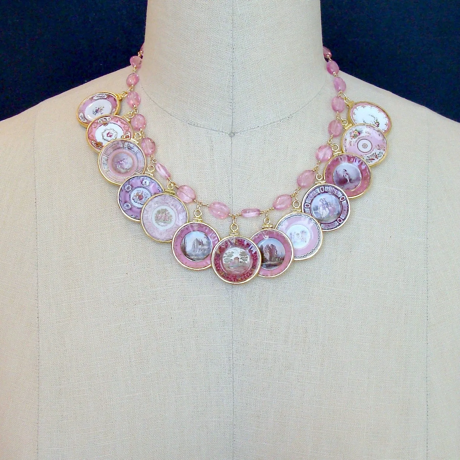 Pink Quartz Miniature Plates Charm Necklace - China Doll Pink Necklace