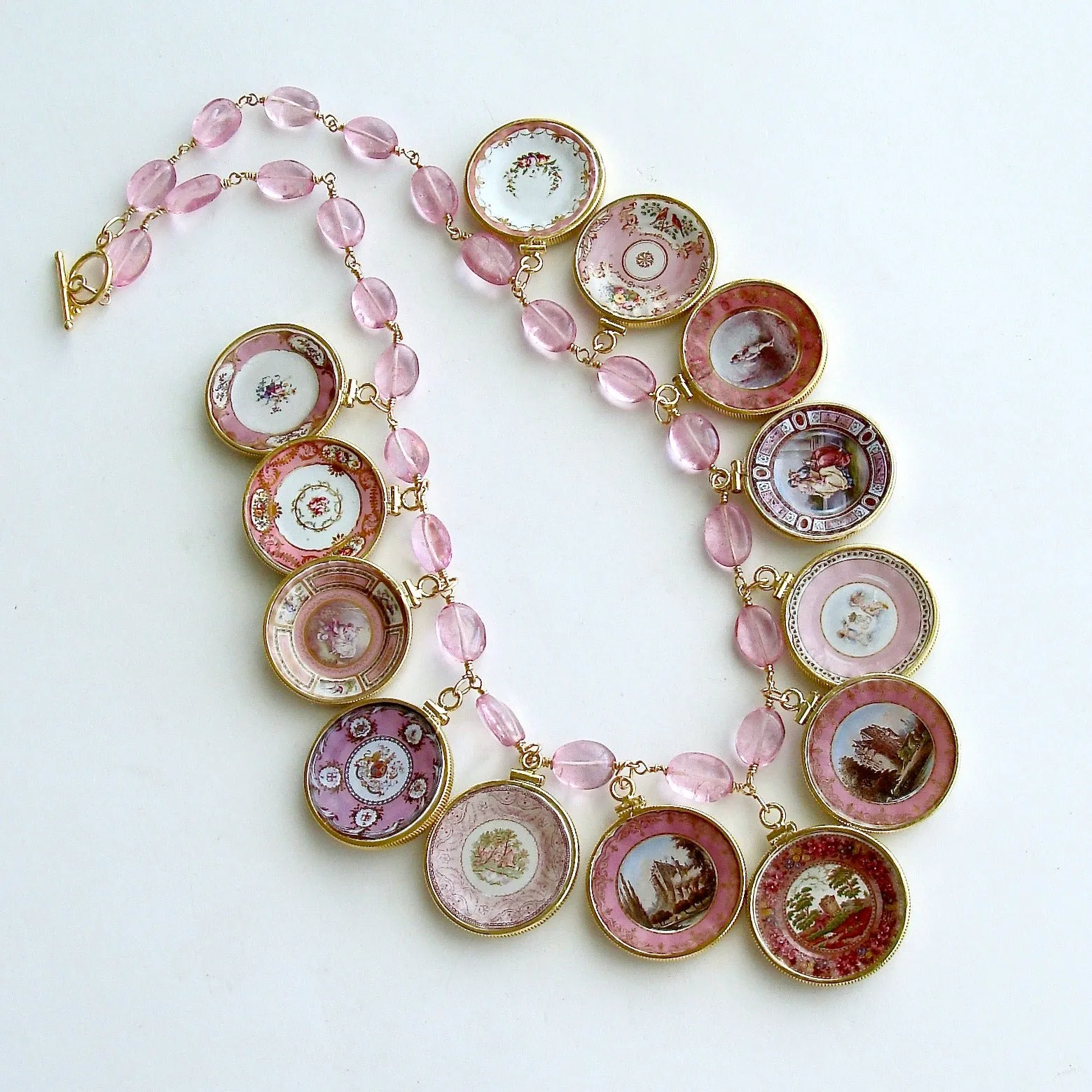 Pink Quartz Miniature Plates Charm Necklace - China Doll Pink Necklace