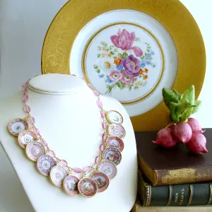 Pink Quartz Miniature Plates Charm Necklace - China Doll Pink Necklace