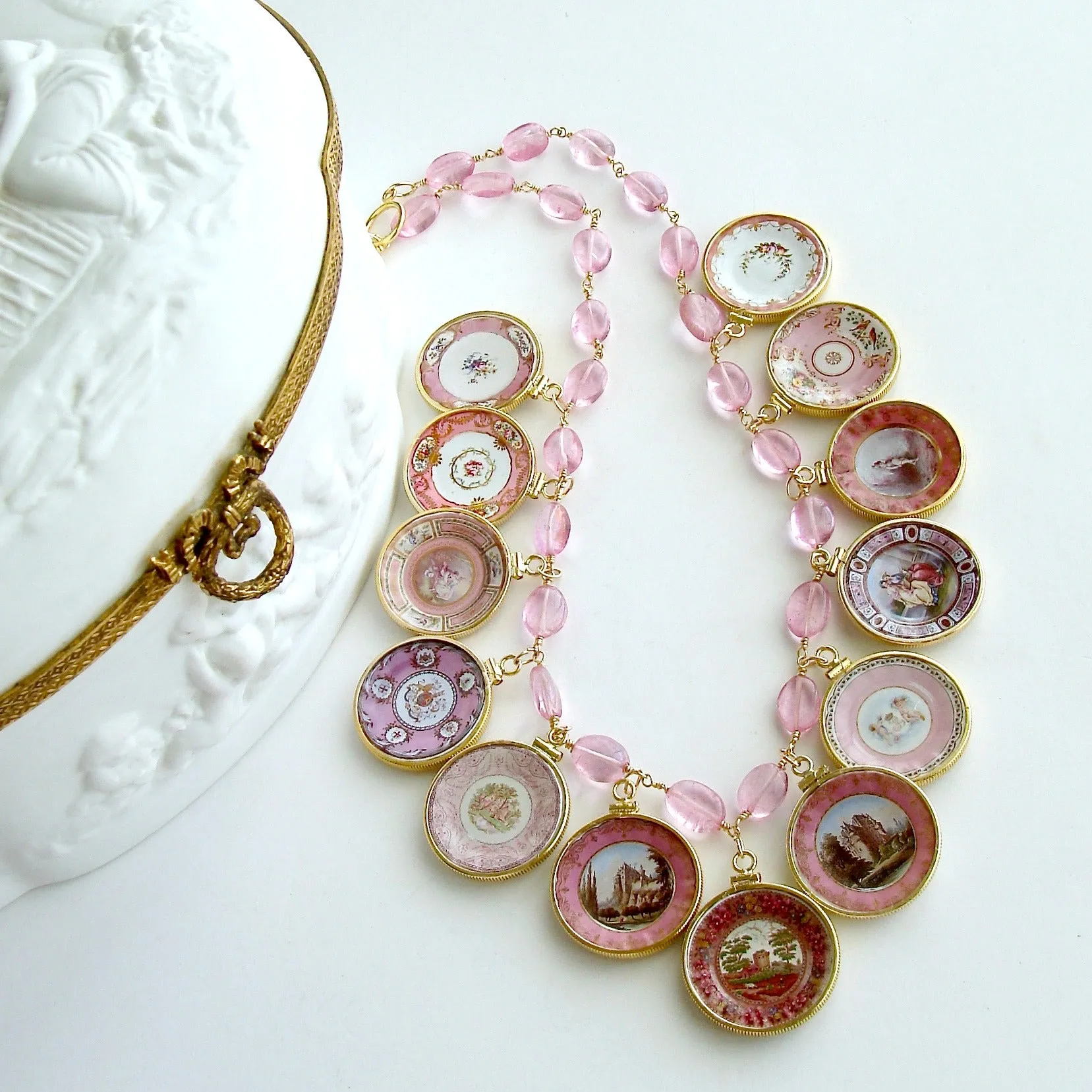 Pink Quartz Miniature Plates Charm Necklace - China Doll Pink Necklace