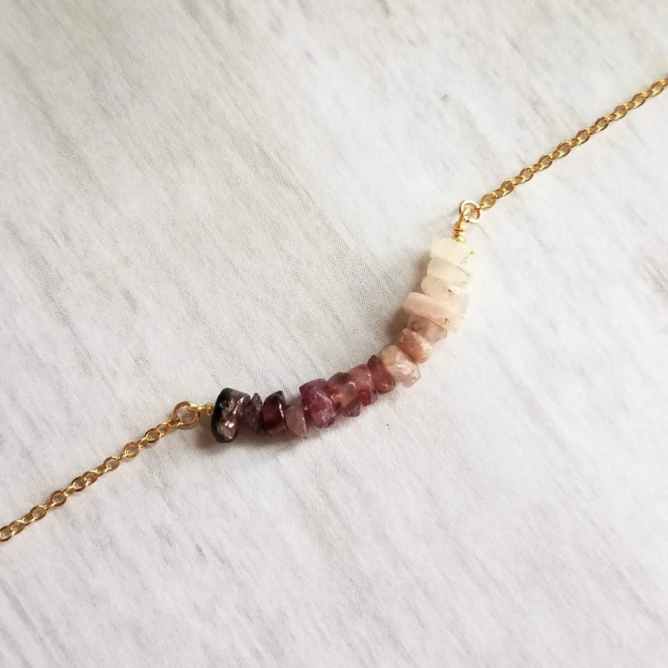 Pink Tourmaline Necklace, 14K gold fill chain, pink stone chips, gemstone chunk necklace, pink gemstone necklace, small stones, tiny stones