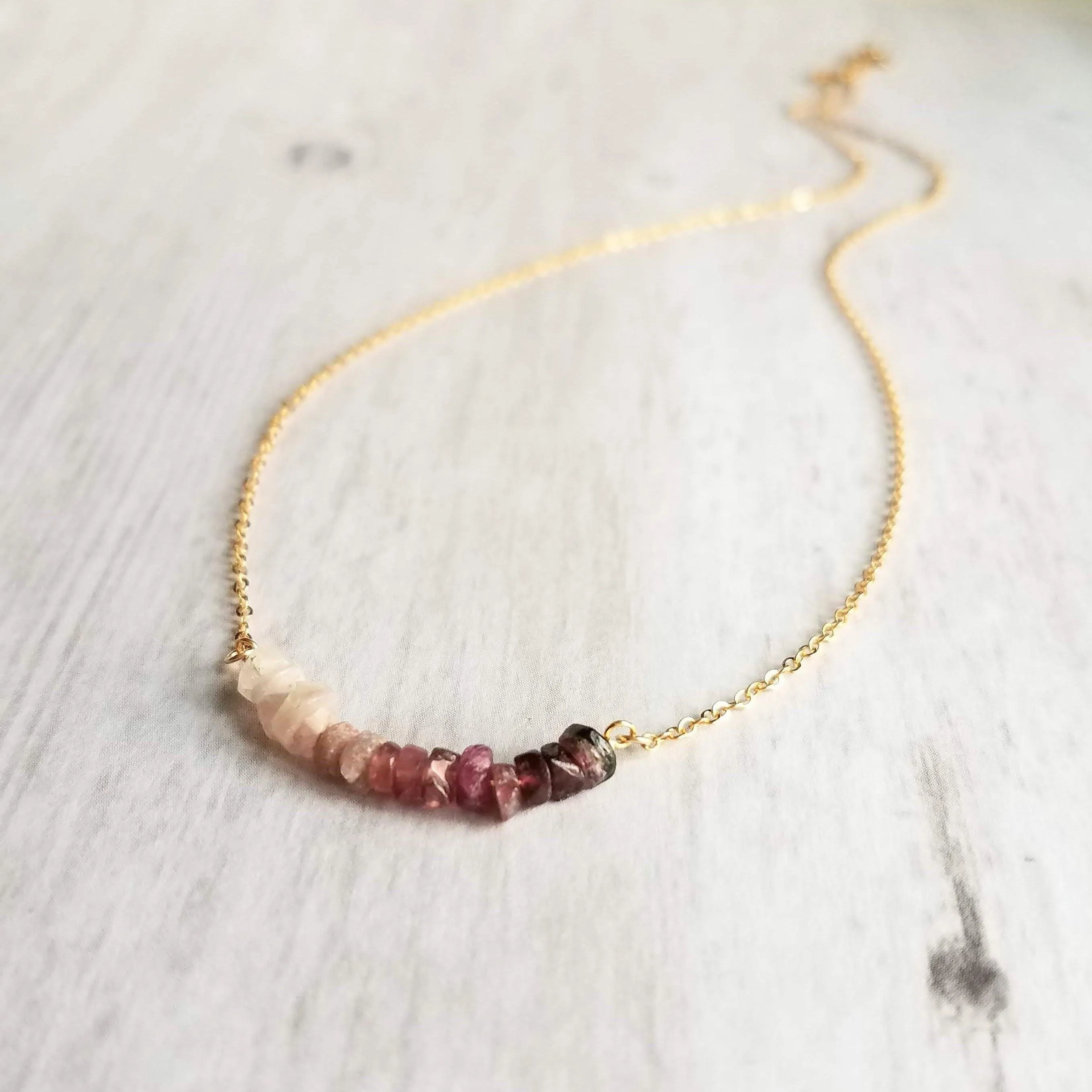 Pink Tourmaline Necklace, 14K gold fill chain, pink stone chips, gemstone chunk necklace, pink gemstone necklace, small stones, tiny stones