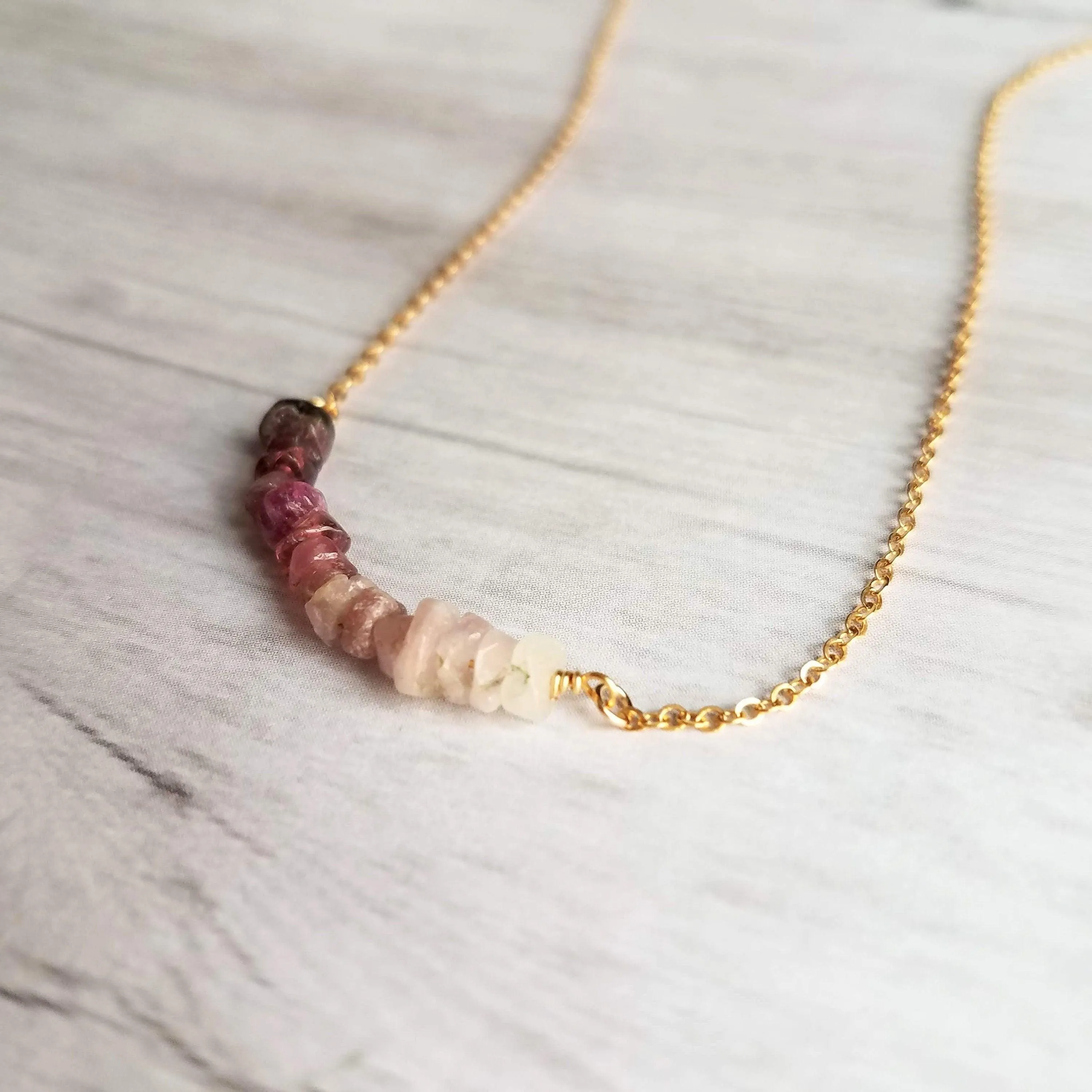 Pink Tourmaline Necklace, 14K gold fill chain, pink stone chips, gemstone chunk necklace, pink gemstone necklace, small stones, tiny stones